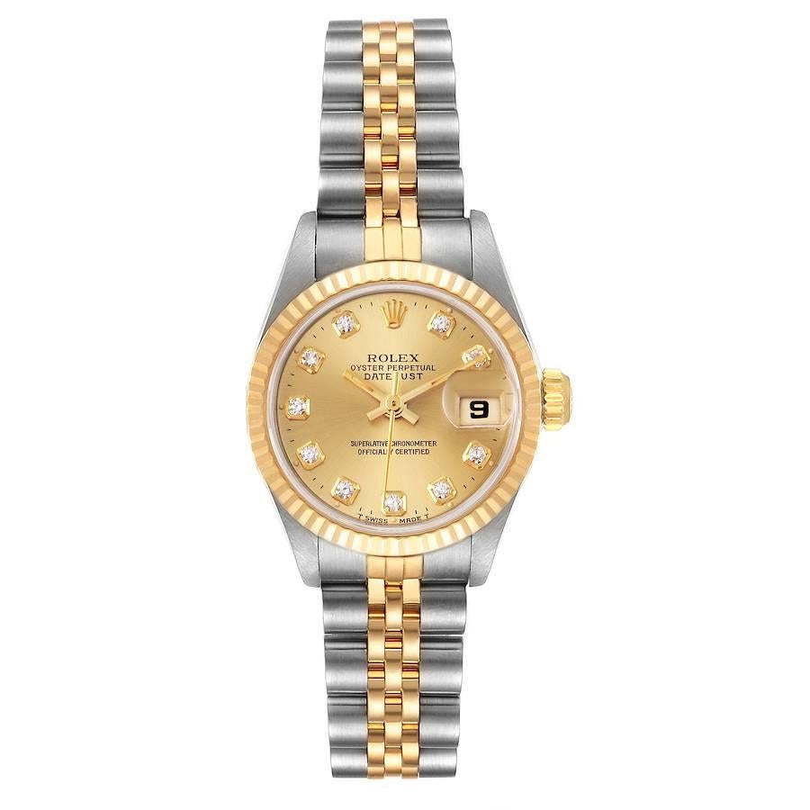 Rolex Datejust 26mm Steel Yellow Gold Diamond Ladies Watch 69173. Officially certified chronometer self-winding movement. Stainless steel oyster case 26.0 mm in diameter. Rolex logo on a 18K yellow gold crown. 18k yellow gold fluted bezel. Scratch