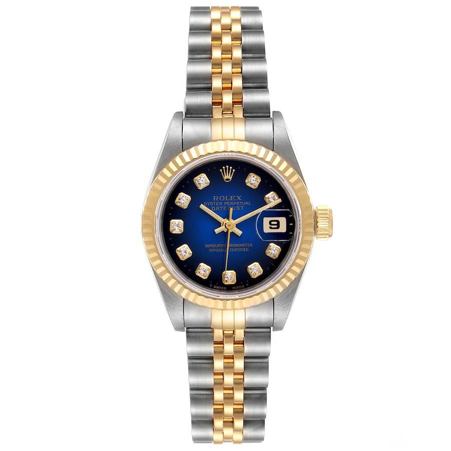 Rolex Datejust 26mm Steel Yellow Gold Diamond Ladies Watch 69173. Officially certified chronometer self-winding movement. Stainless steel oyster case 26.0 mm in diameter. Rolex logo on a 18K yellow gold crown. 18k yellow gold fluted bezel. Scratch