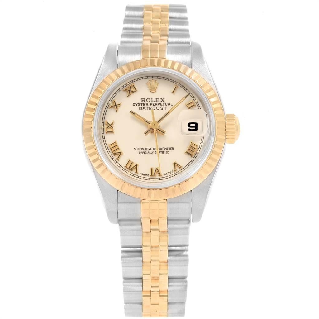 Rolex Datejust 26mm Steel Yellow Gold Ladies Watch 69173 Box Papers. Officially certified chronometer automatic self-winding movement. Stainless steel oyster case 26 mm in diameter. Rolex logo on a crown. 18k yellow gold fluted bezel. Scratch