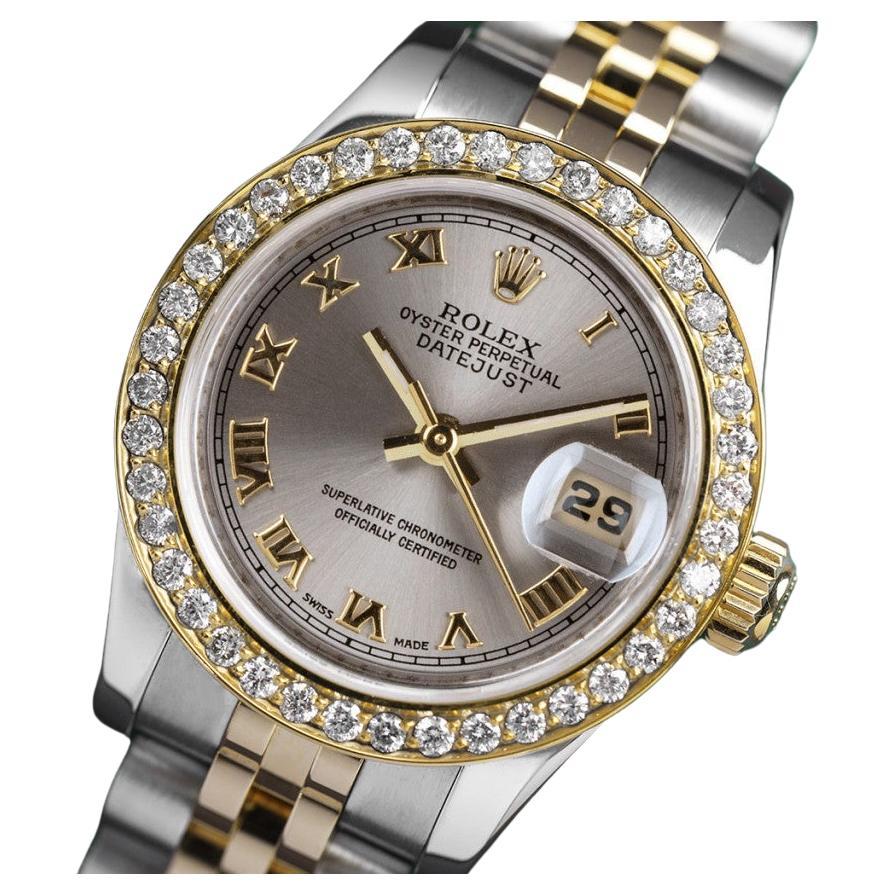 Rolex Montre Datejust en acier et or jaune pour femme avec chiffres romains gris  en vente