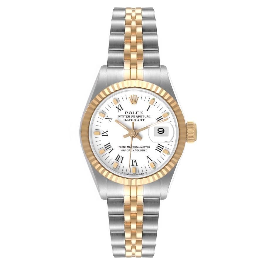 Rolex Datejust 26mm Steel Yellow Gold White Dial Ladies Watch 69173. Officially certified chronometer self-winding movement. Stainless steel oyster case 26.0 mm in diameter. Rolex logo on a 18K yellow gold crown. 18k yellow gold fluted bezel.