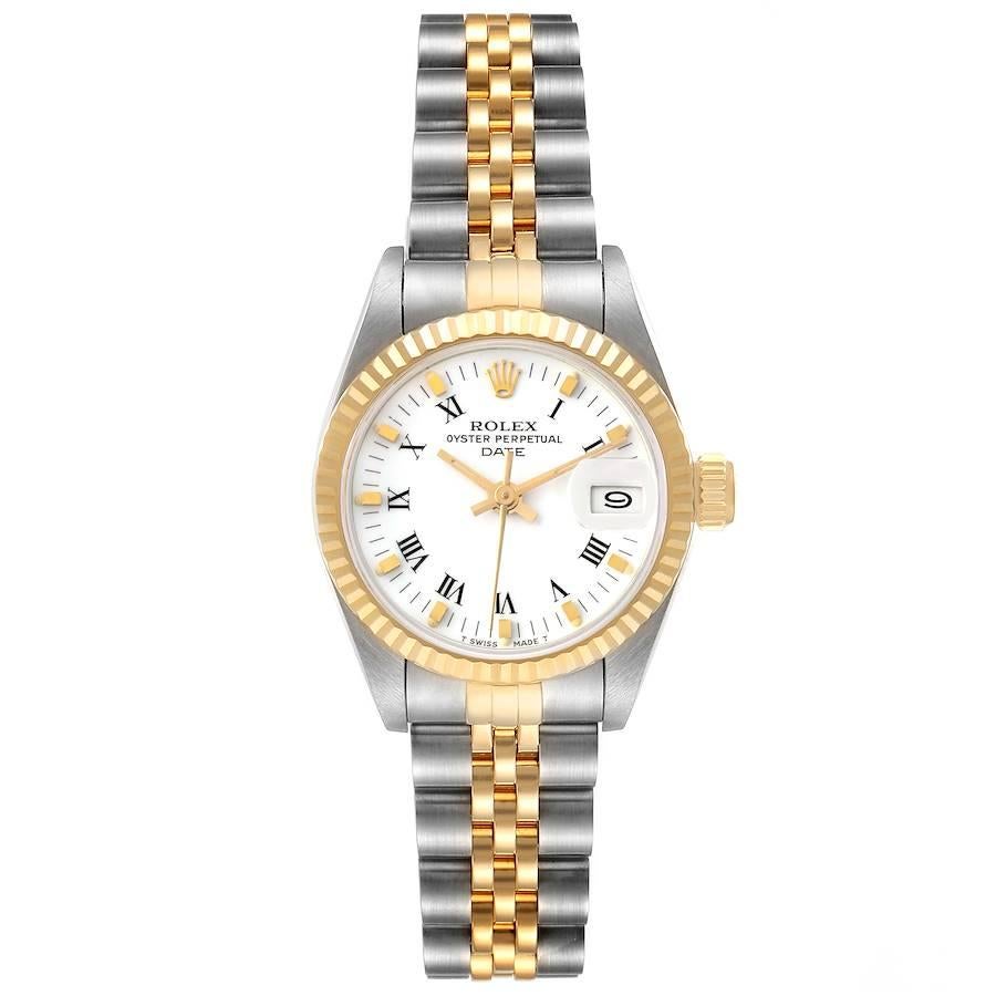 Rolex Datejust 26mm Steel Yellow Gold White Roman Dial Ladies Watch 69173. Officially certified chronometer self-winding movement. Stainless steel oyster case 26.0 mm in diameter. Rolex logo on an 18K yellow gold crown. 18k yellow gold fluted bezel.