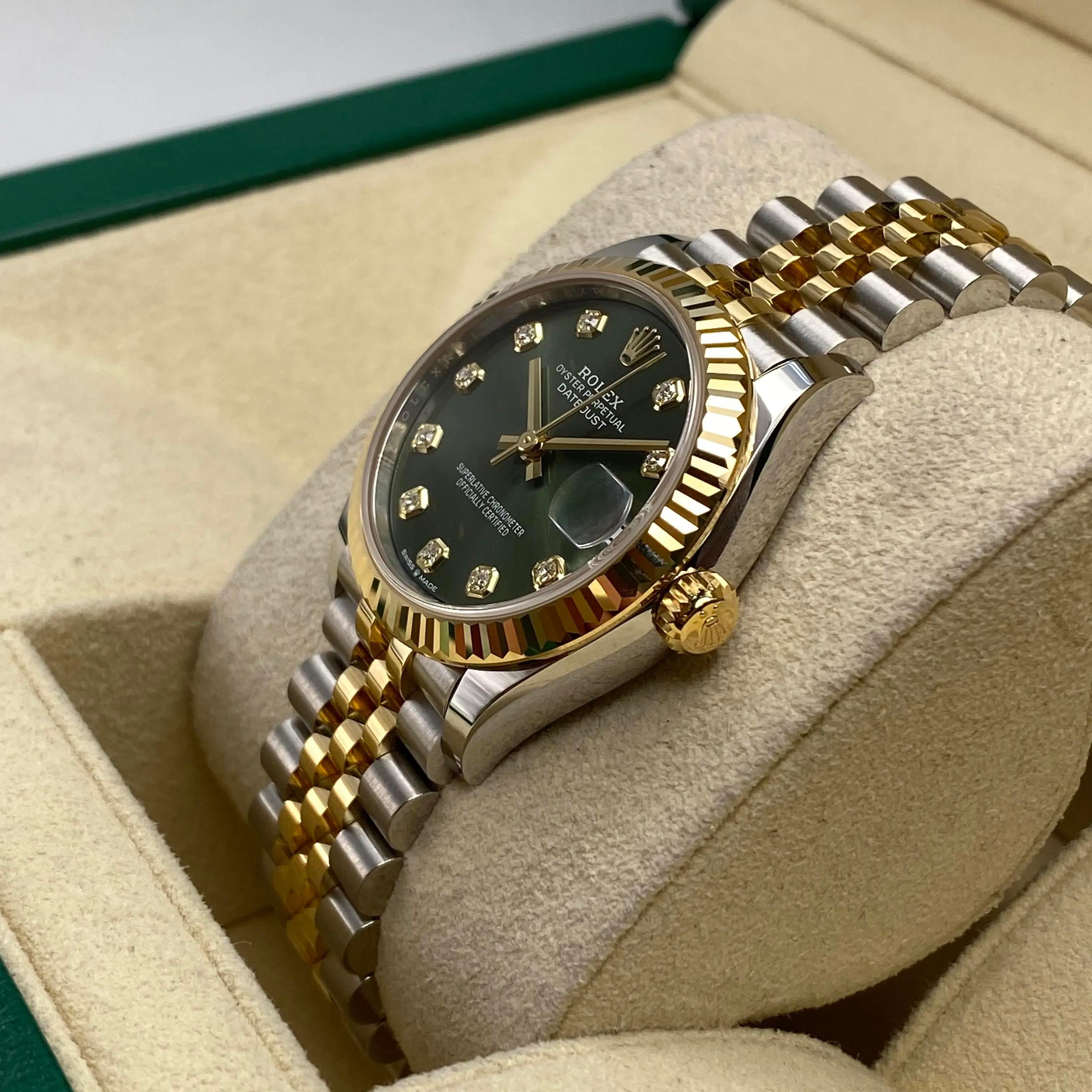 Rolex Datejust 278273 Esfera de diamantes verde oliva Reloj de acero dorado Jubilee B&P en Nuevo estado para la venta en New York, NY