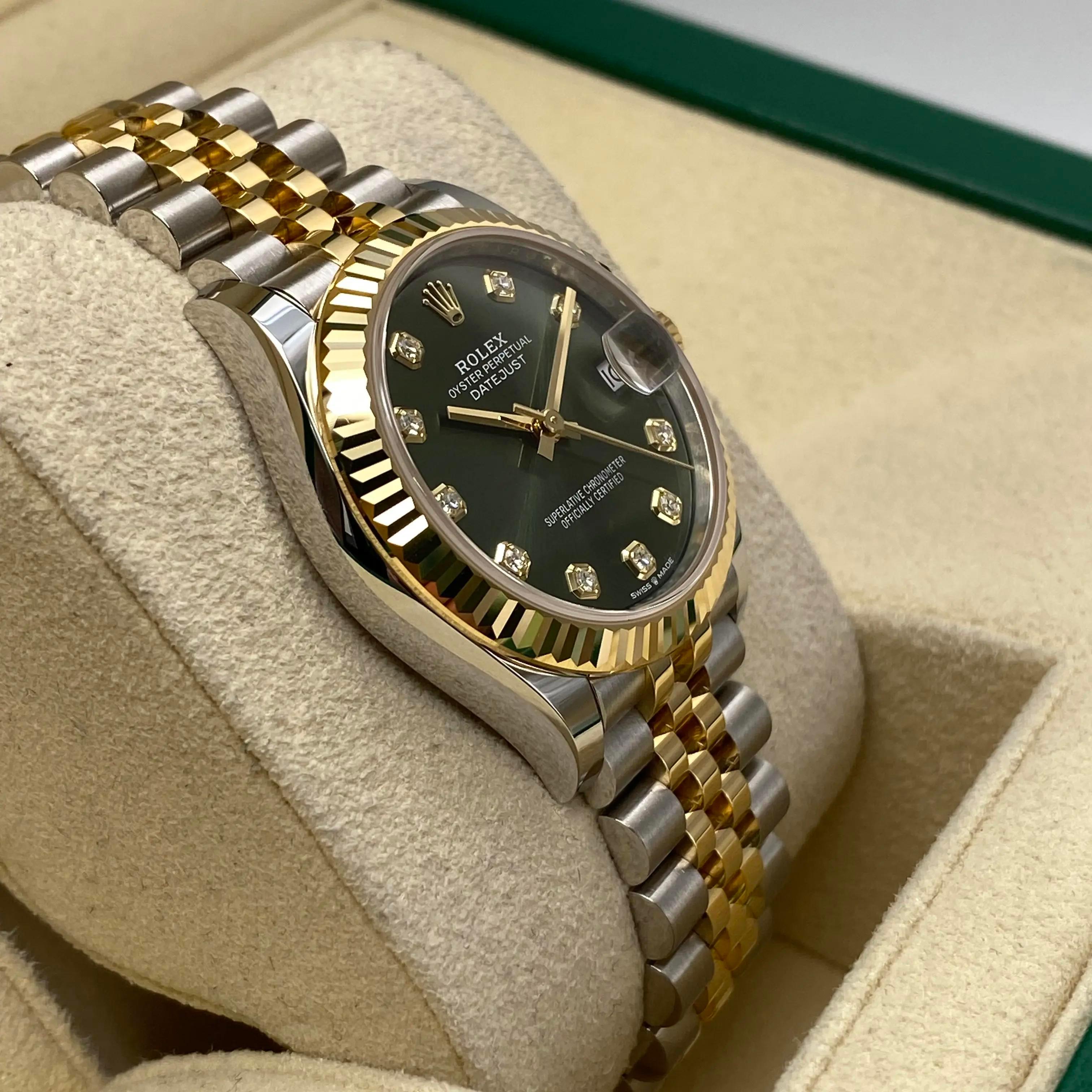 De las mujeres Rolex Datejust 278273 Esfera de diamantes verde oliva Reloj de acero dorado Jubilee B&P en venta