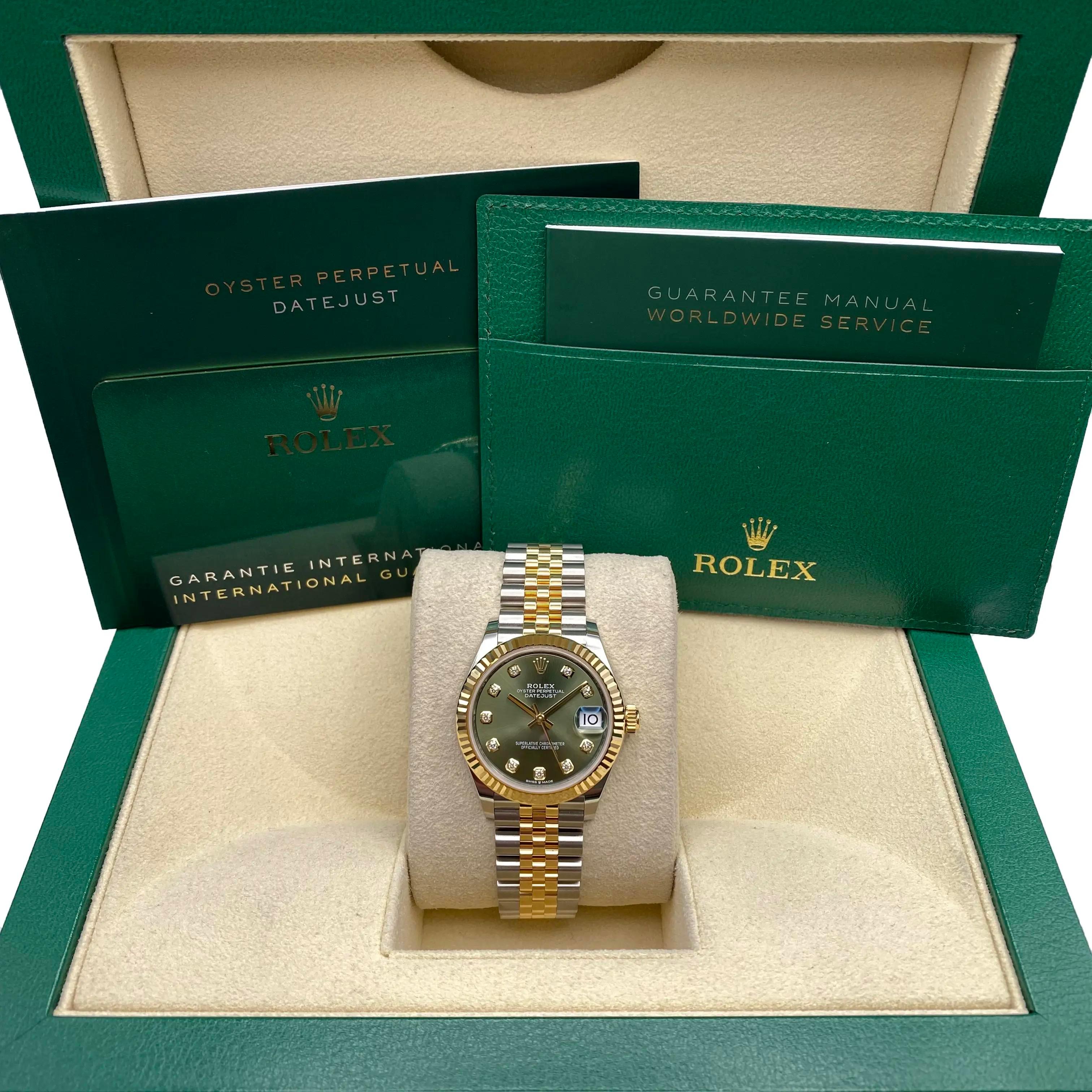 Rolex Datejust 278273 Esfera de diamantes verde oliva Reloj de acero dorado Jubilee B&P