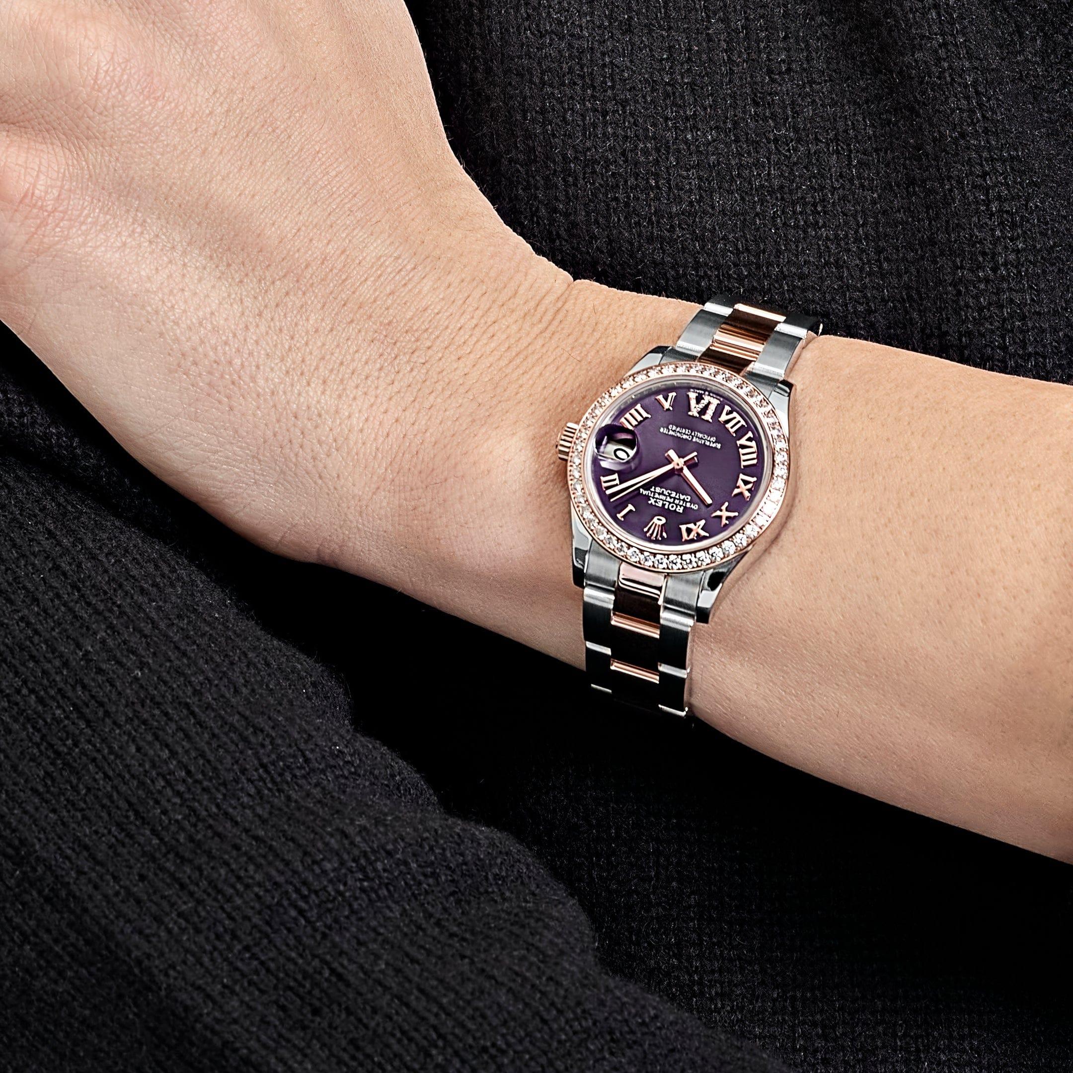 Jewels Aficionado offers this Rolex Datejust 278381RBR is a stunning blend of luxury and versatility, crafted from a combination of Oystersteel and 18k Everose gold. Its aubergine dial, adorned with diamond hour markers and a Roman numeral VI set