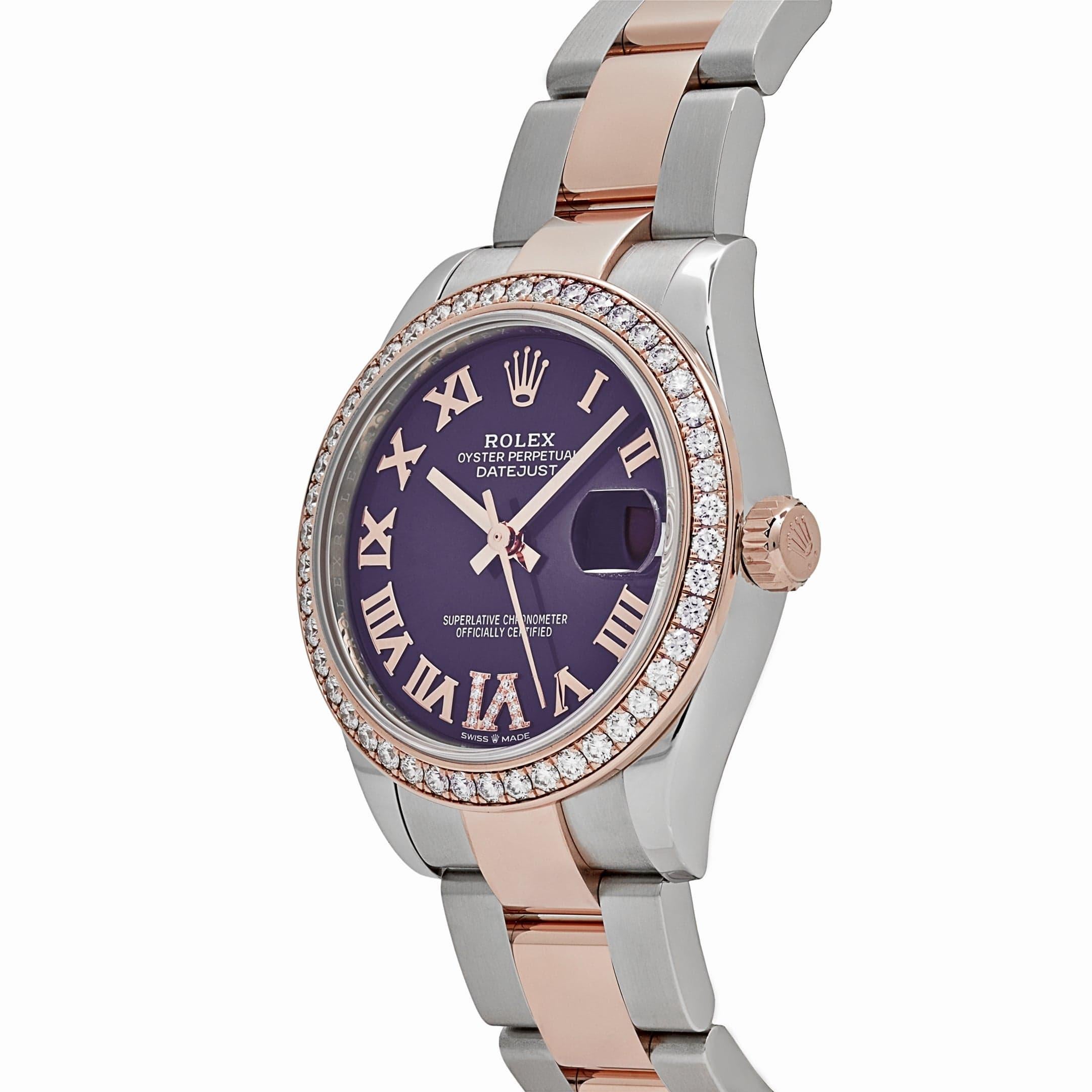Rolex Datejust 278381RBR Stainless Steel Rose Gold Aubergine Purple Dial (2022) In Excellent Condition For Sale In New York, NY