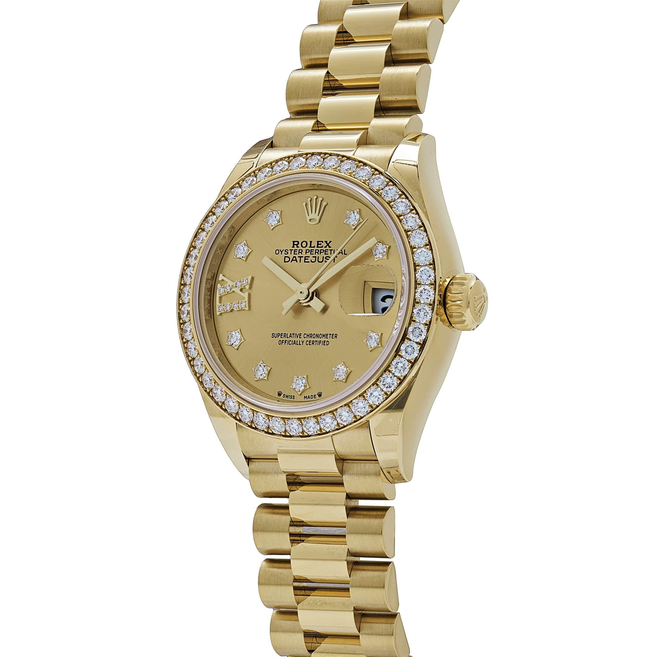 Round Cut Rolex Datejust 279138RBR Yellow Gold Champagne Diamond Dial President (2022) For Sale