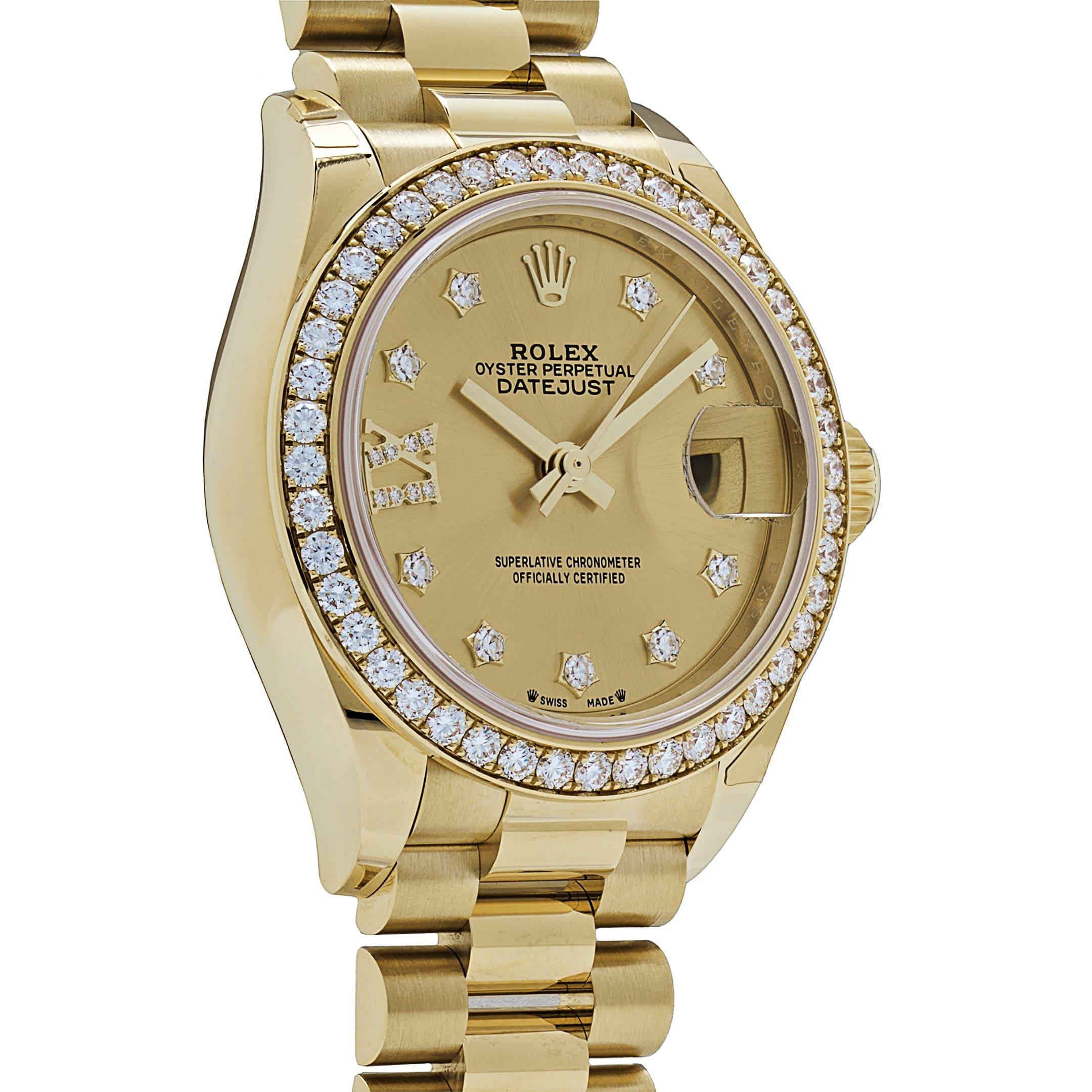 Rolex Datejust 279138RBR Yellow Gold Champagne Diamond Dial President (2022) In New Condition For Sale In New York, NY