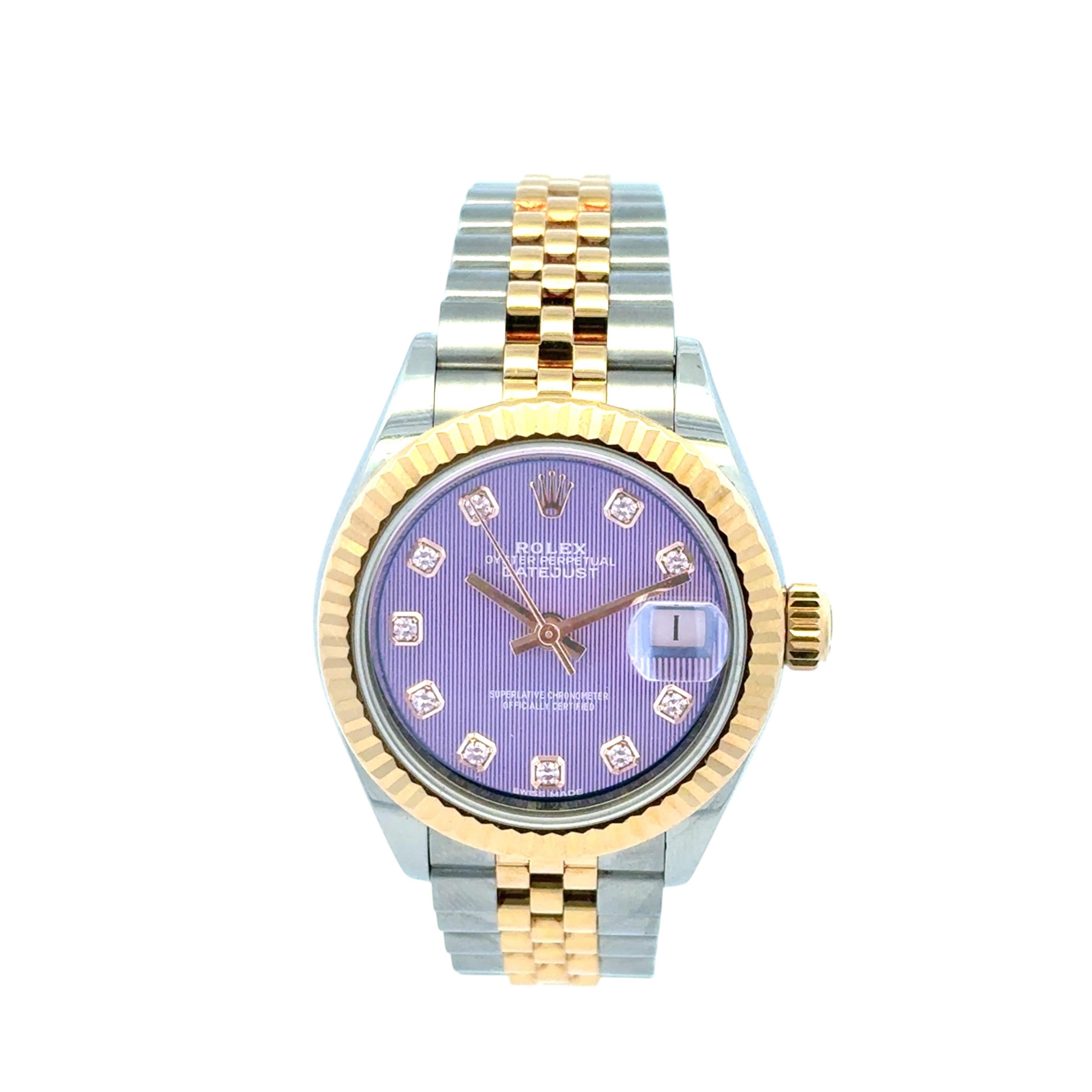 Rolex Datejust 279173 Orologio con quadrante in oro giallo 18 carati e acciaio inossidabile con diamanti lilla in vendita 6