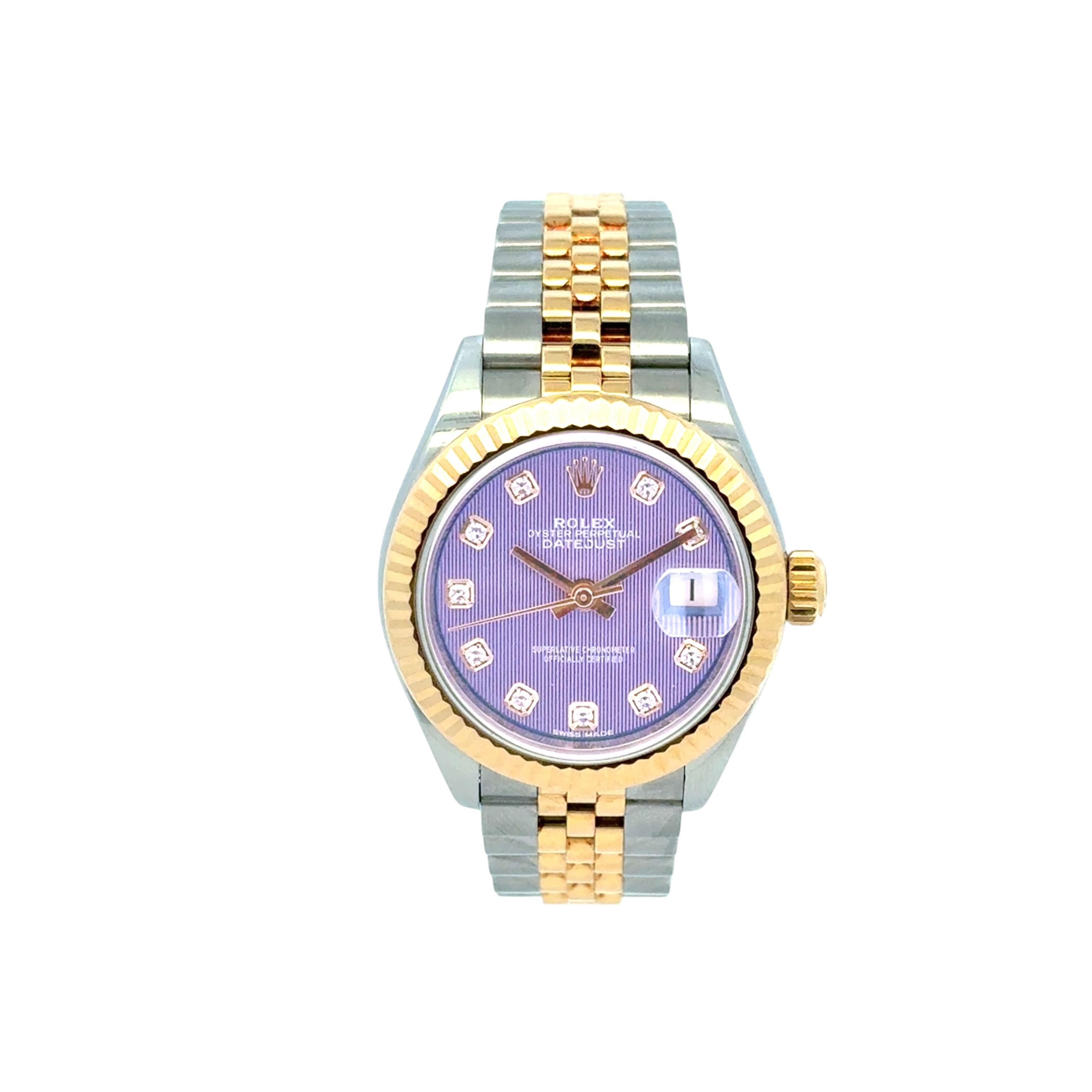 Rolex Datejust 279173 Orologio con quadrante in oro giallo 18 carati e acciaio inossidabile con diamanti lilla in vendita 7