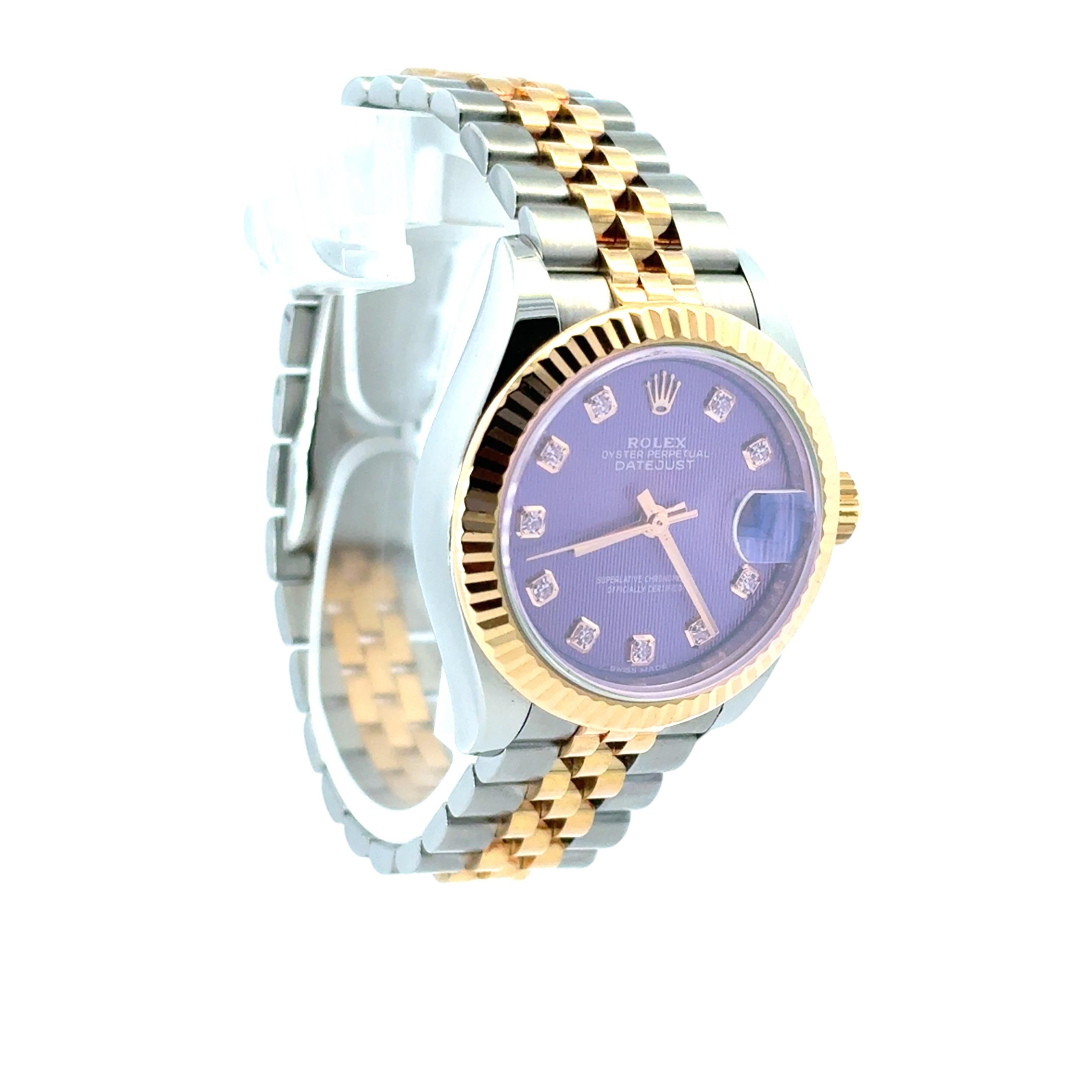 Taglio rotondo Rolex Datejust 279173 Orologio con quadrante in oro giallo 18 carati e acciaio inossidabile con diamanti lilla in vendita
