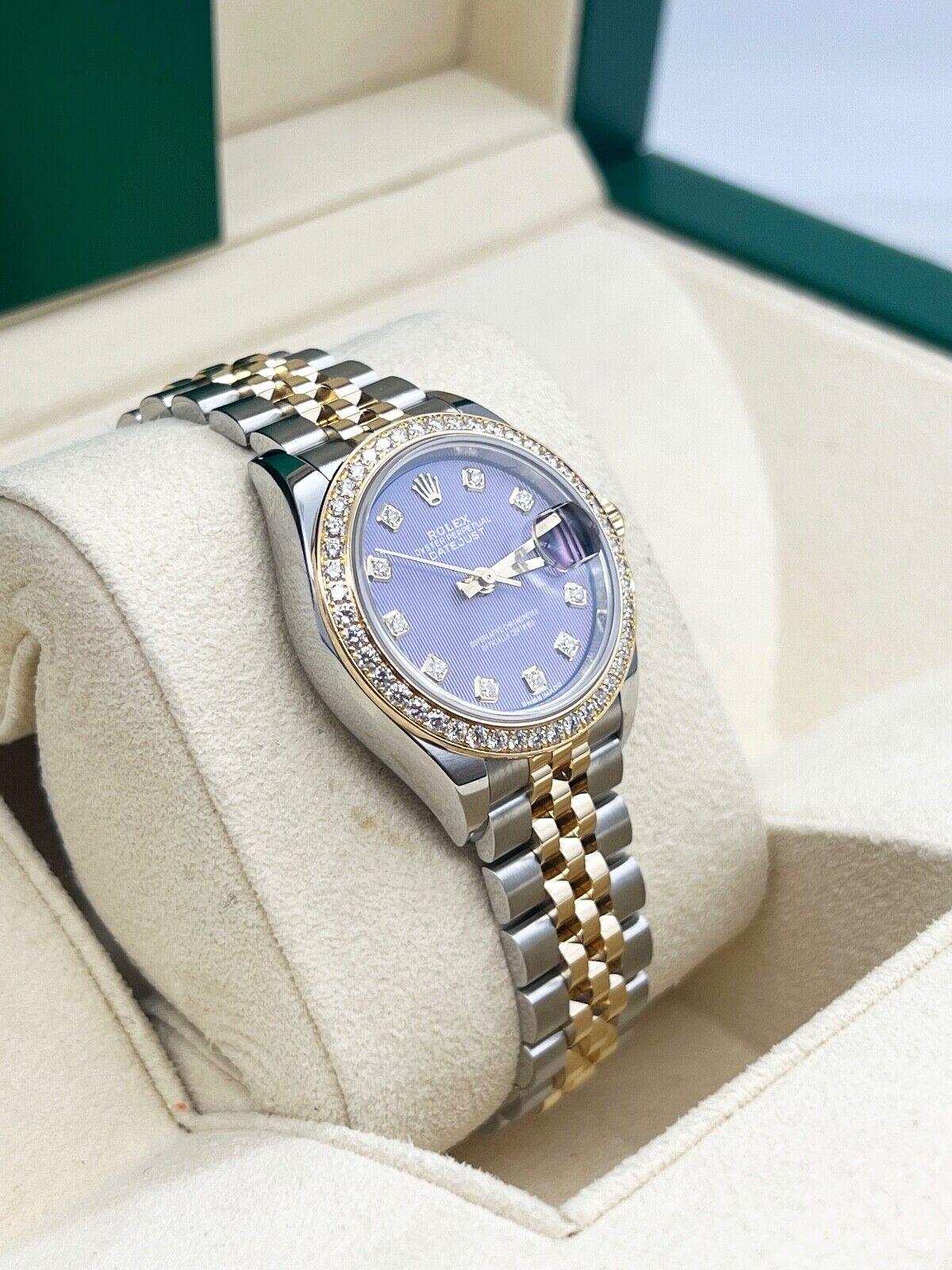 Women's Rolex Datejust 279383RBR Steel and Gold Diamond Bezel Lavander Dial Box Paper For Sale