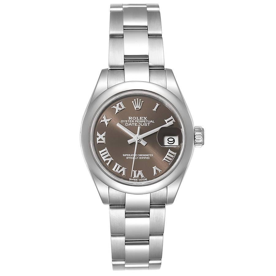Rolex Datejust 28 Brown Dial Oyster Bracelet Steel Ladies Watch 279160 Box. Officially certified chronometer self-winding movement. Stainless steel oyster case 28 mm in diameter. Rolex logo on a crown. Stainless steel smooth bezel. Scratch resistant