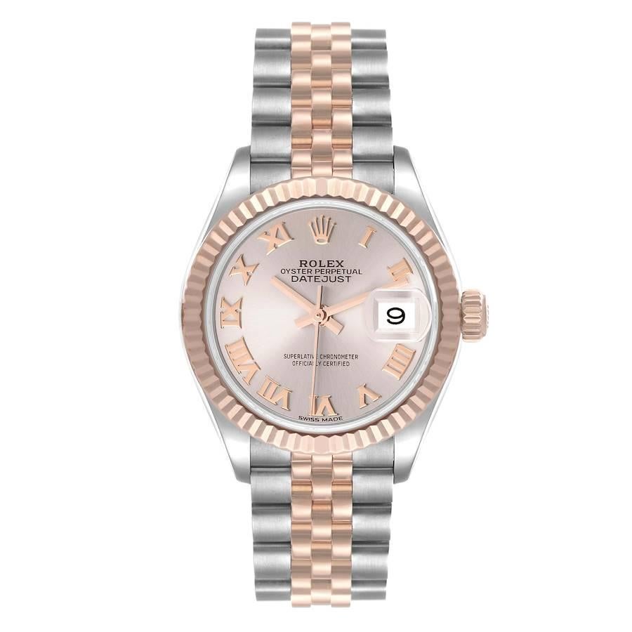 Rolex Datejust 28 Everose Rolesor Rose Dial Ladies Watch 279171. Officially certified chronometer self-winding movement. Stainless steel oyster case 28 mm in diameter. Rolex logo on a 18K rose gold crown. 18k rose gold fluted bezel. Scratch