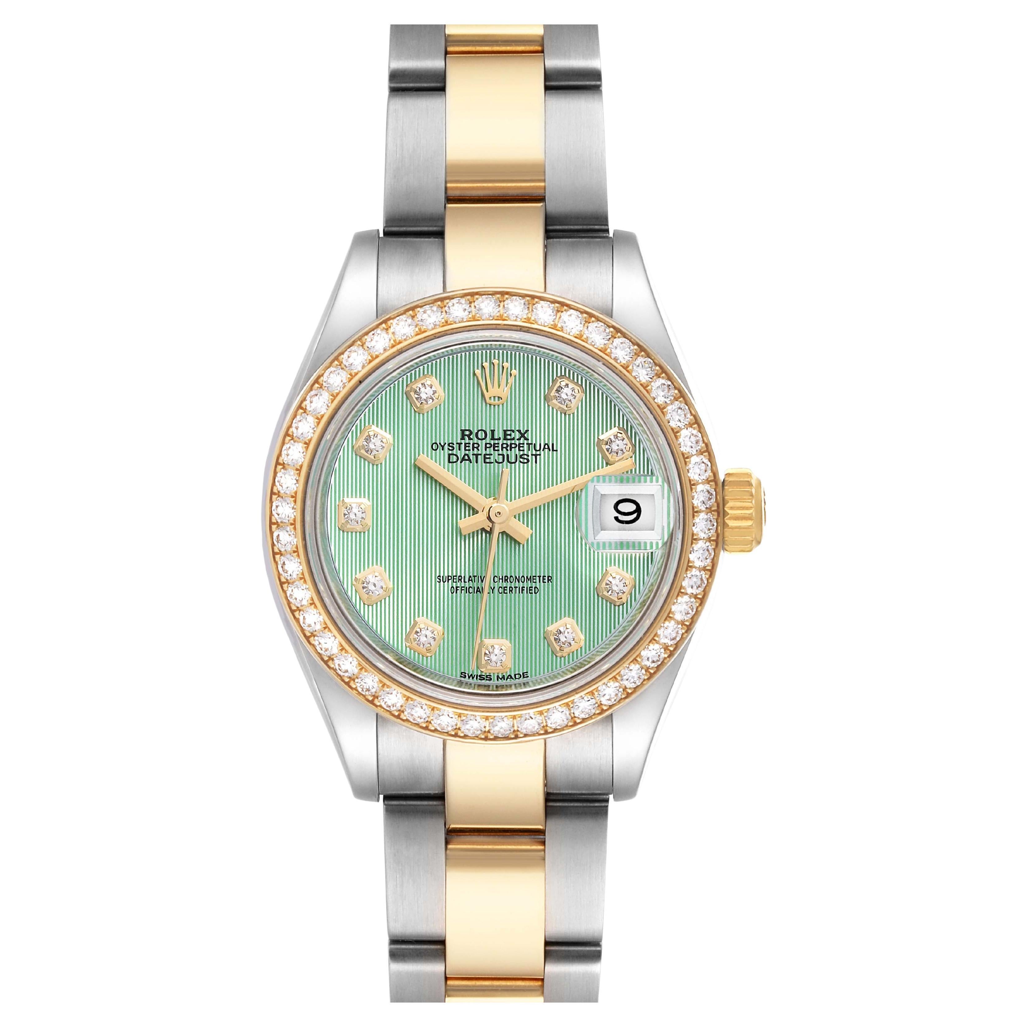 Rolex Datejust 28 Green Stripe Steel Yellow Gold Diamond Ladies Watch 279383 For Sale