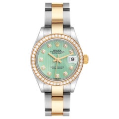 Used Rolex Datejust 28 Green Stripe Steel Yellow Gold Diamond Ladies Watch 279383