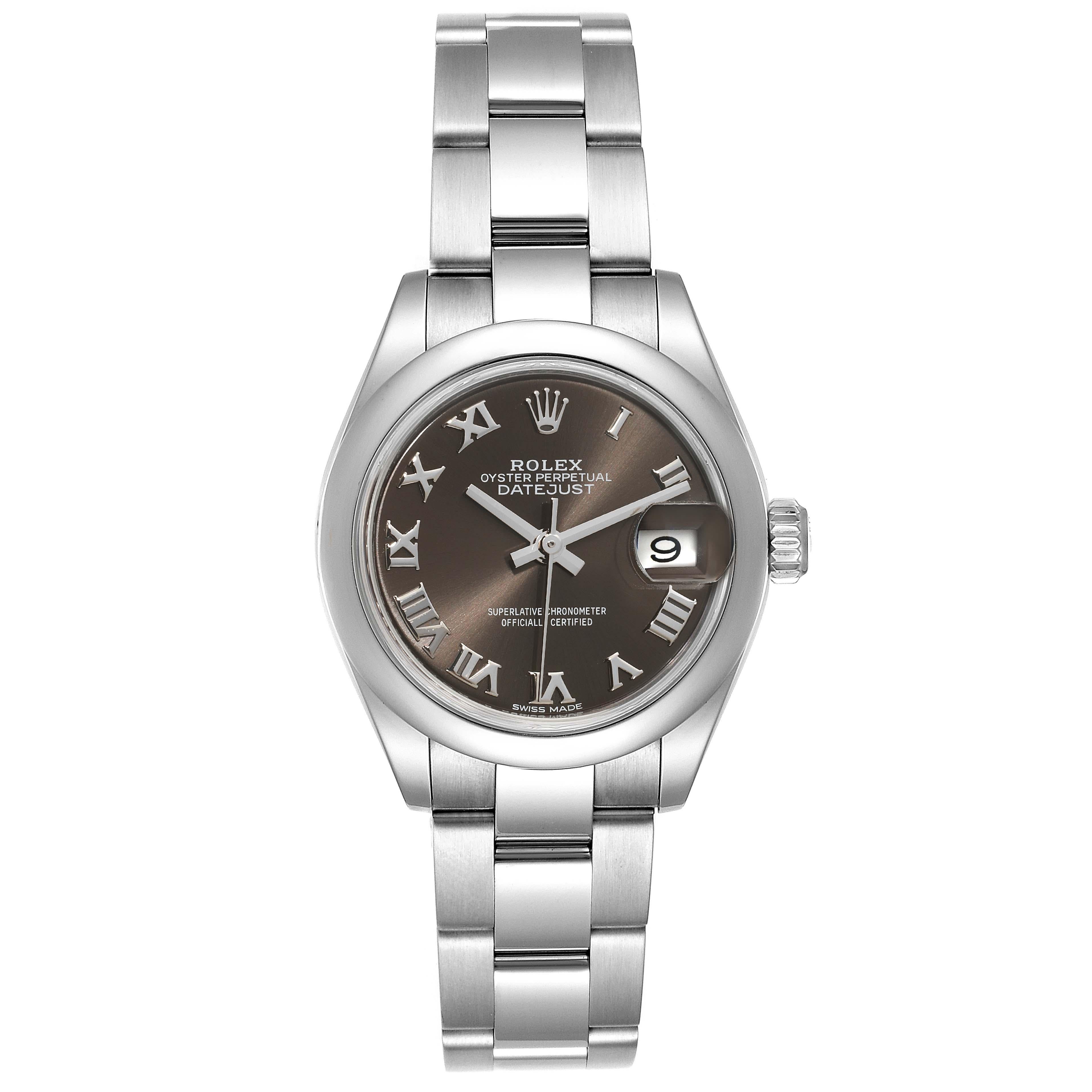 Rolex Datejust 28 Grey Dial Oyster Bracelet Steel Ladies Watch 279160. Officially certified chronometer self-winding movement. Stainless steel oyster case 28 mm in diameter. Rolex logo on a crown. Stainless steel smooth bezel. Scratch resistant