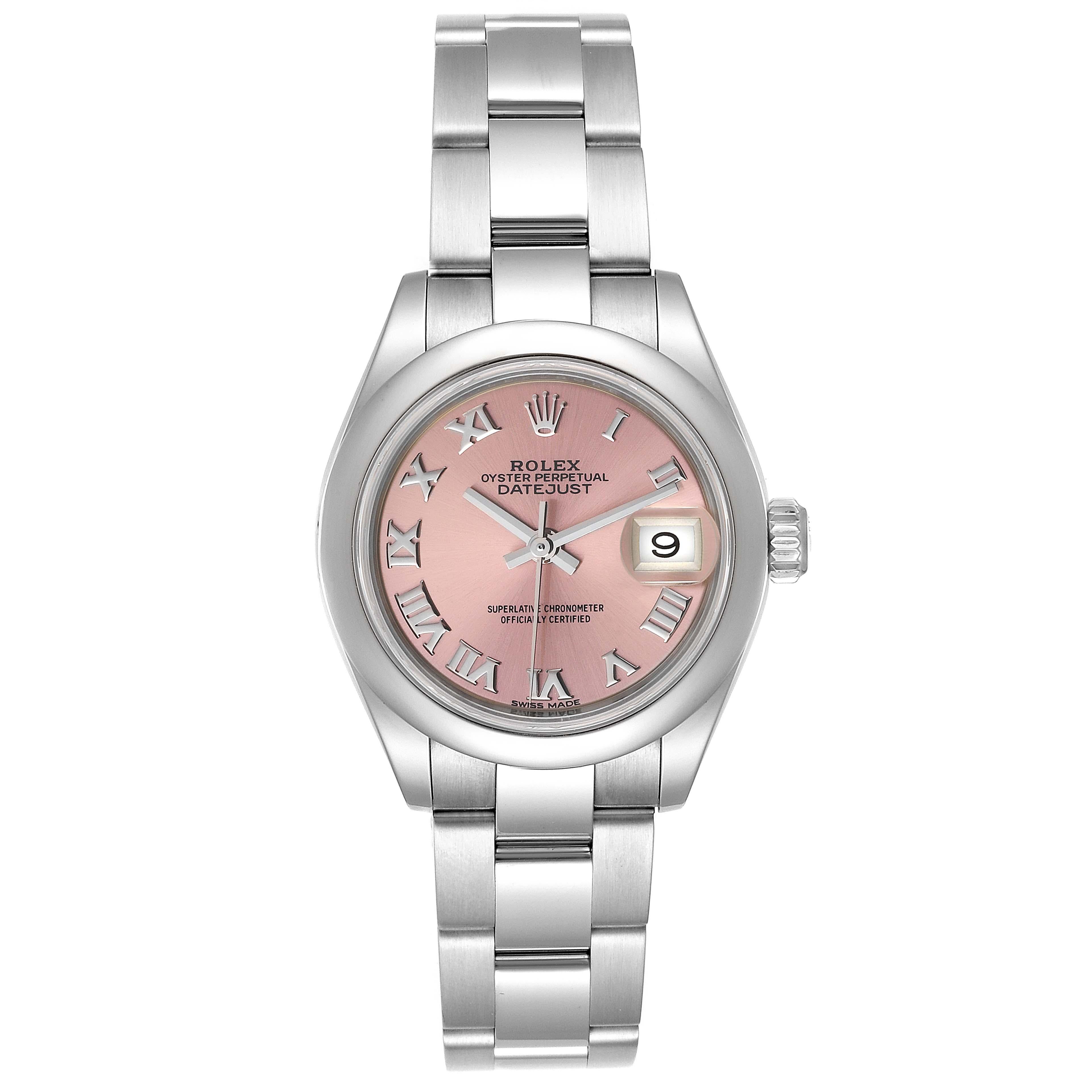 Rolex Datejust 28 Pink Dial Oyster Bracelet Steel Ladies Watch 279160. Officially certified chronometer self-winding movement. Stainless steel oyster case 28 mm in diameter. Rolex logo on a crown. Stainless steel smooth bezel. Scratch resistant