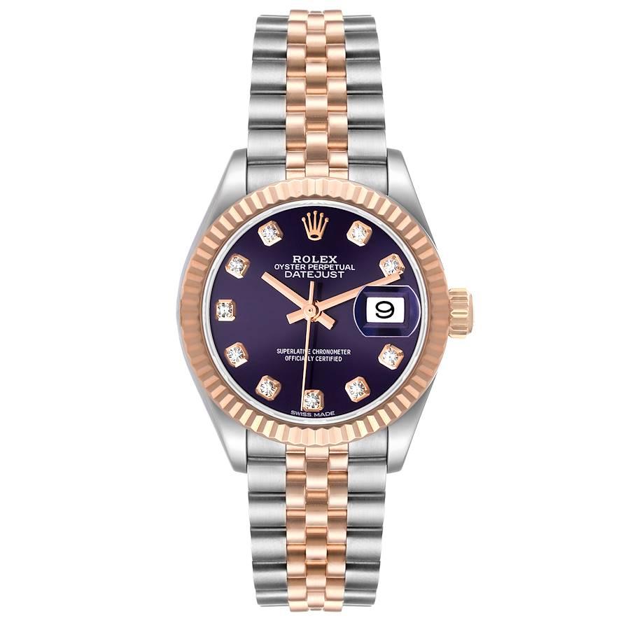 Rolex Datejust 28 Steel Everose Aubergine Diamond Ladies Watch 279171 Box Card. Officially certified chronometer self-winding movement. Stainless steel oyster case 28 mm in diameter. Rolex logo on a 18K rose gold crown. 18k rose gold fluted bezel.