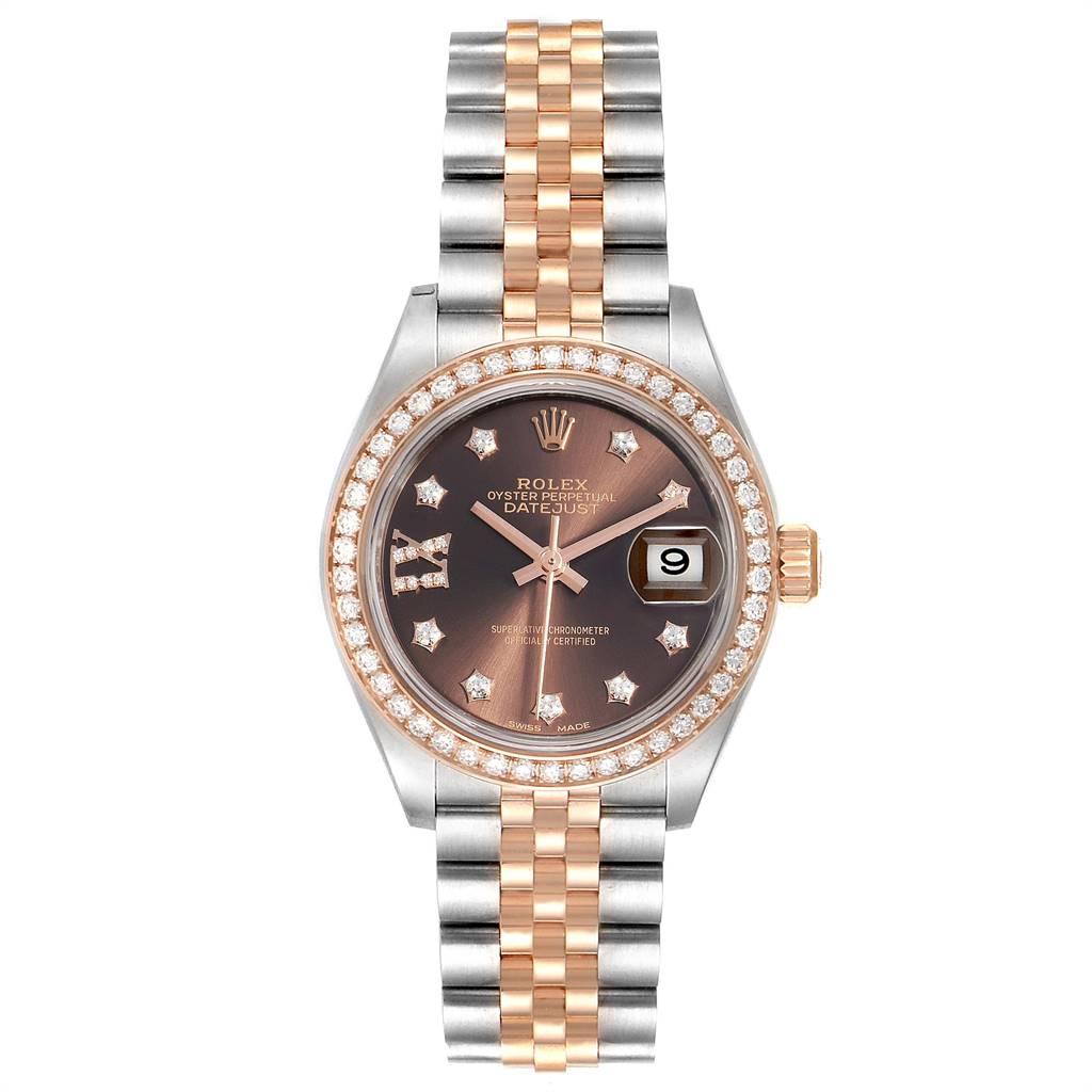 Rolex Datejust 28 Steel Rolesor Everose Gold Diamond Ladies Watch 279381. Officially certified chronometer self-winding movement. Stainless steel oyster case 28.0 mm in diameter. Rolex logo on a 18K rose gold crown. 18k rose gold original Rolex