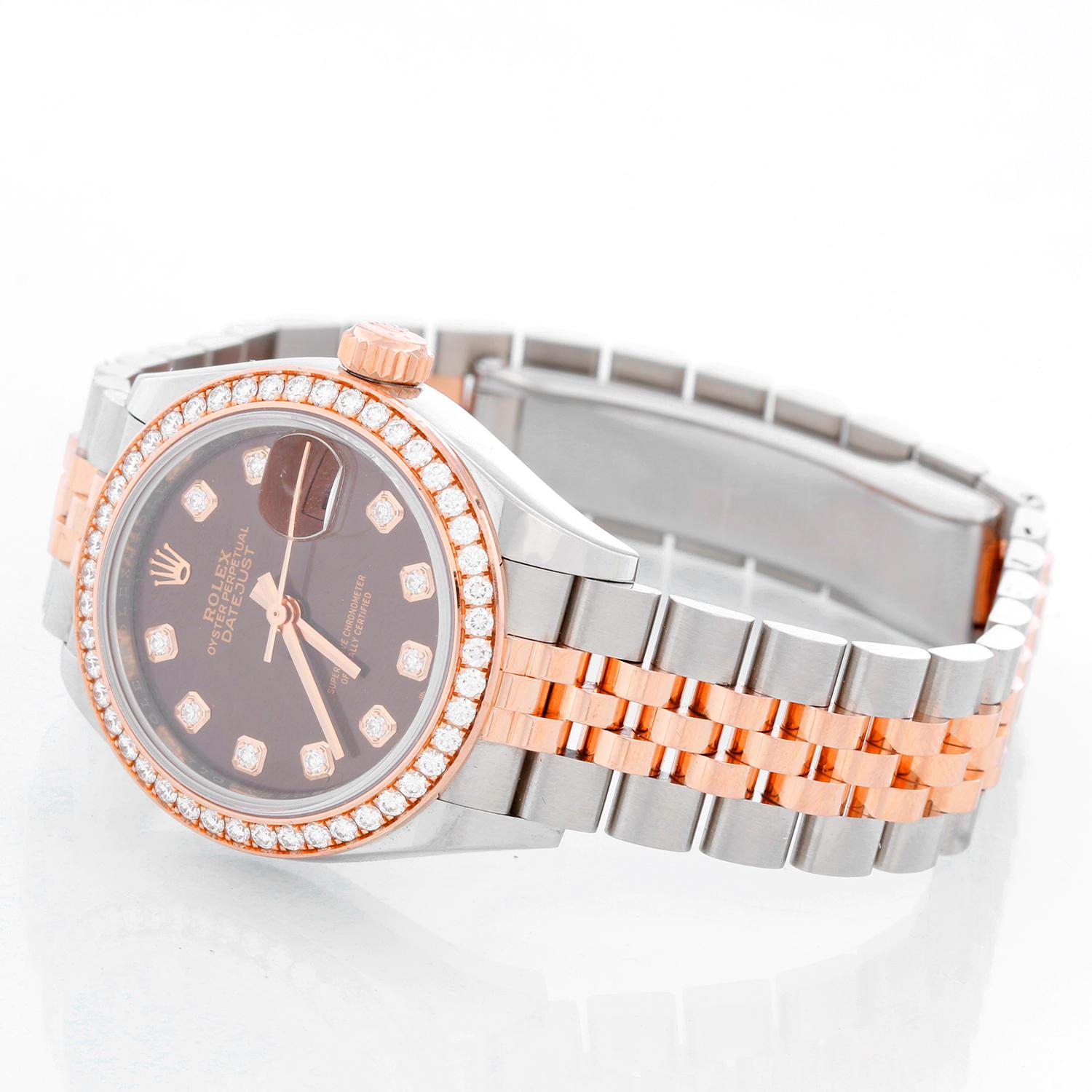 Rolex Datejust 28 Steel Rolesor Everose Gold Diamond Ladies Watch 279381 - Automatic . Stainless steel case with 18K Rose gold Rolex factory diamond bezel (28 mm) . Chocolate brown dial with original Rolex factory diamond hour markers in star