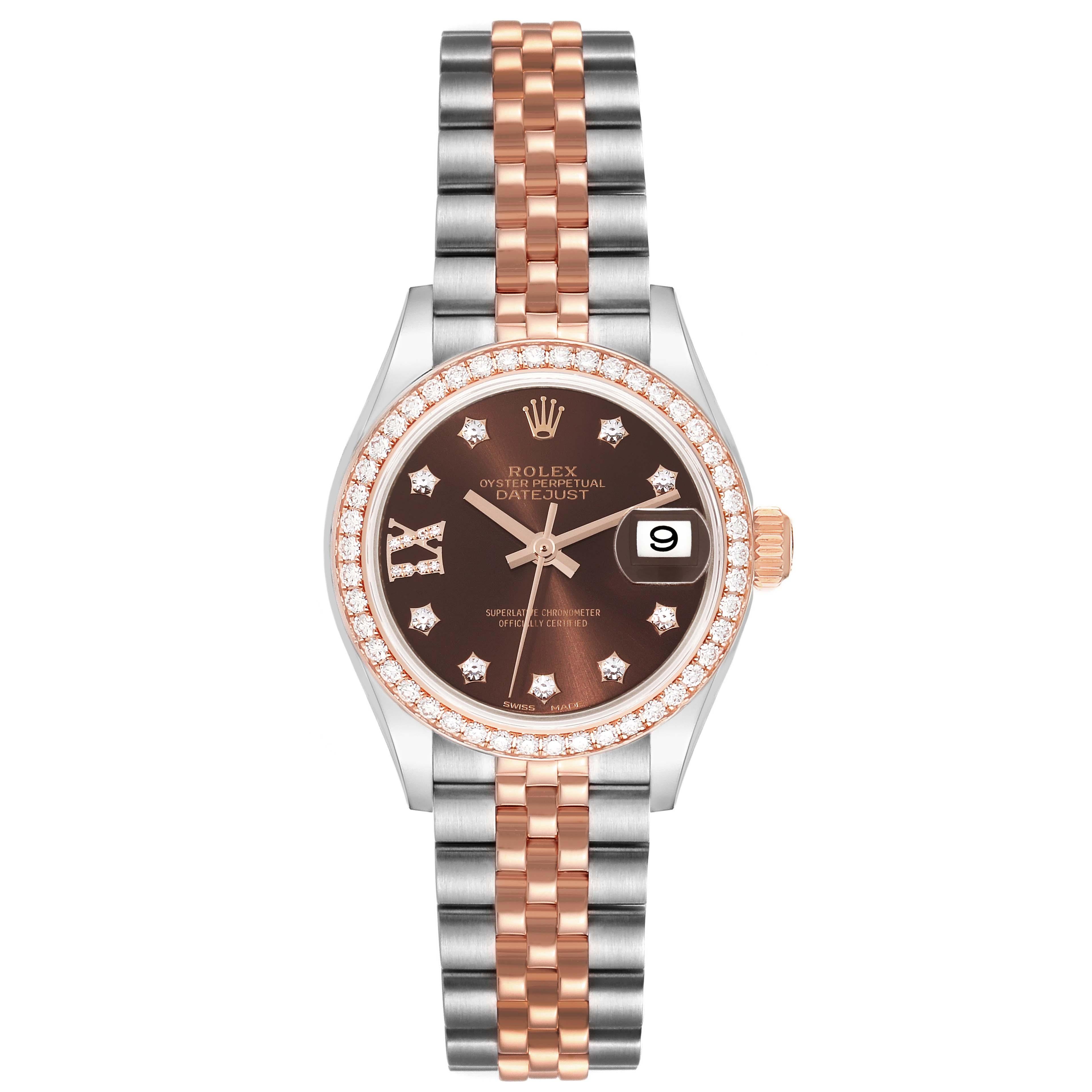 Rolex Datejust 28 Steel Rolesor Rose Gold Diamond Ladies Watch 279381 Box Card. Officially certified chronometer automatic self-winding movement. Stainless steel oyster case 28.0 mm in diameter. Rolex logo on a 18K rose gold crown. 18k rose gold