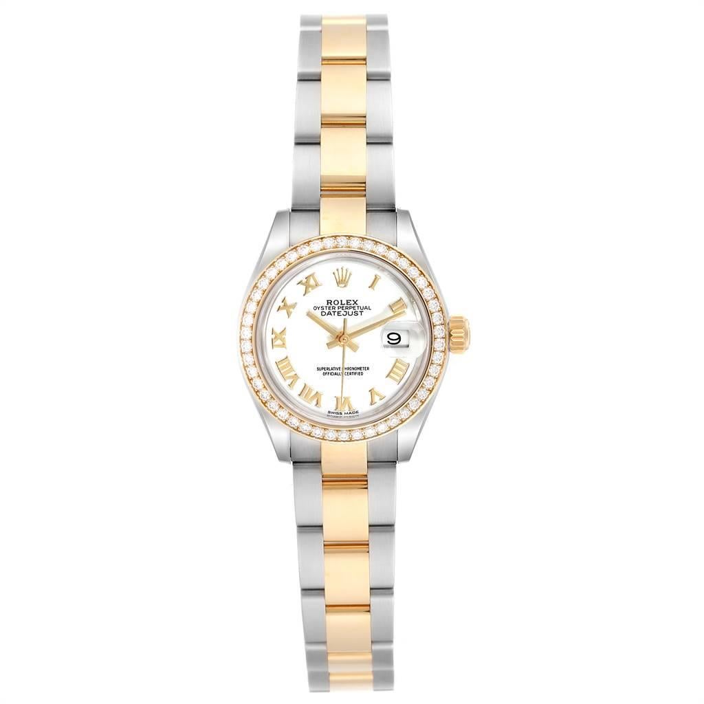 Rolex Datejust 28 Steel Rolesor Yellow Gold Diamond Ladies Watch 279383. Officially certified chronometer self-winding movement. Stainless steel oyster case 28.0 mm in diameter. Rolex logo on a 18K yellow gold crown. 18k yellow gold original Rolex