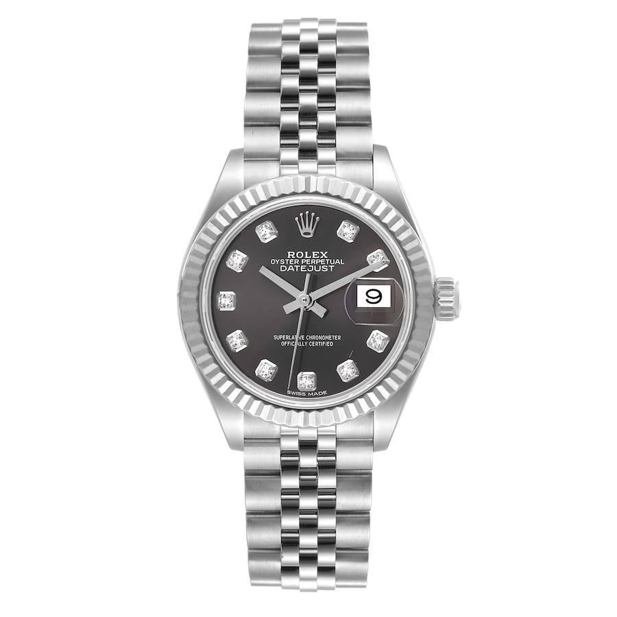Rolex Datejust 28 Steel White Gold Dark Grey Diamond Dial Ladies Watch 279174. Officially certified chronometer automatic self-winding  movement. Stainless steel oyster case 28.0 mm in diameter. Rolex logo on the crown. 18K white gold fluted bezel.