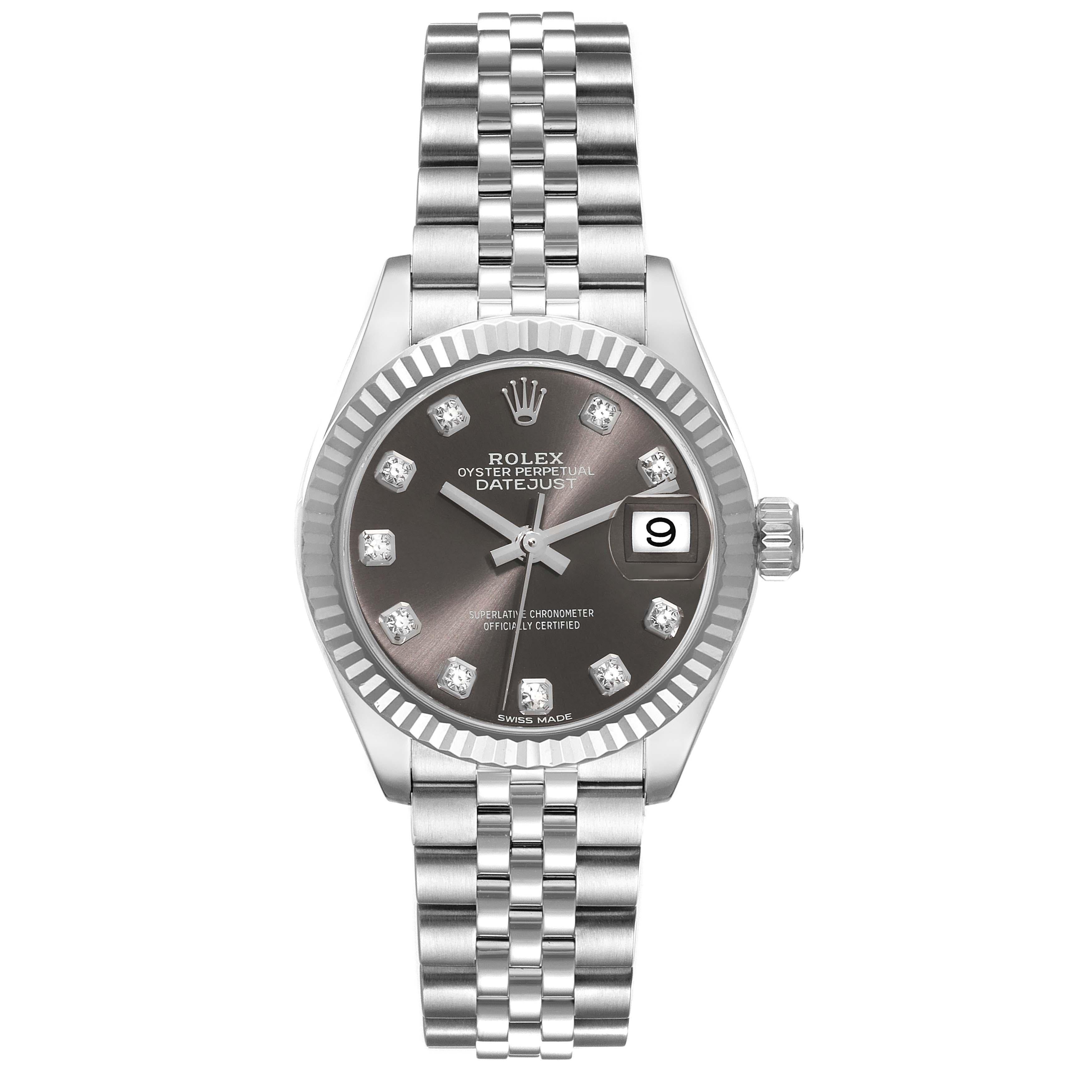 Rolex Datejust 28 Steel White Gold Dark Grey Diamond Dial Ladies Watch 279174. Officially certified chronometer automatic self-winding movement. Stainless steel oyster case 28.0 mm in diameter. Rolex logo on the crown. 18K white gold fluted bezel.