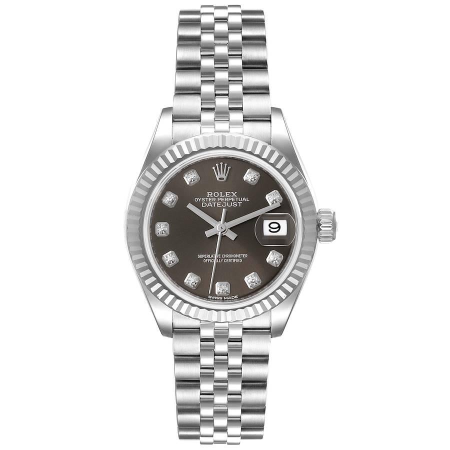 Rolex Datejust 28 Steel White Gold Dark Grey Diamond Dial Watch 279174 Box Card. Officially certified chronometer automatic self-winding  movement. Stainless steel oyster case 28.0 mm in diameter. Rolex logo on the crown. 18K white gold fluted