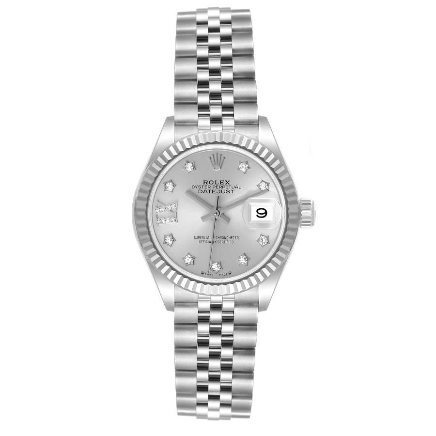 Rolex Datejust 28 Steel White Gold Diamond Dial Ladies Watch 279174 Box Card. Officially certified chronometer self-winding  movement. Stainless steel oyster case 28.0 mm in diameter. Rolex logo on a crown. 18K white gold fluted bezel. Scratch