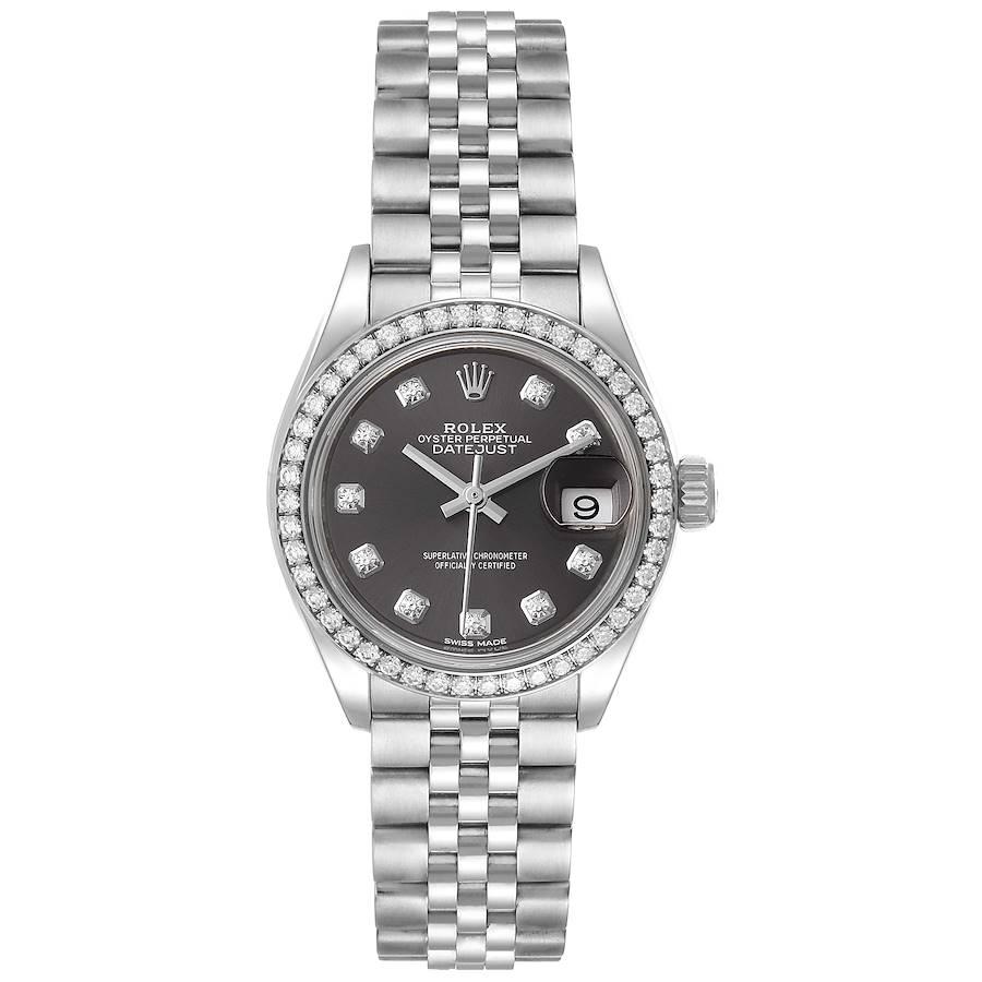 Rolex Datejust 28 Steel White Gold Grey Dial Ladies Watch 279384 Box Card. Officially certified chronometer self-winding movement. Stainless steel oyster case 28.0 mm in diameter. Rolex logo on a crown. Original Rolex factory diamond bezel. Scratch