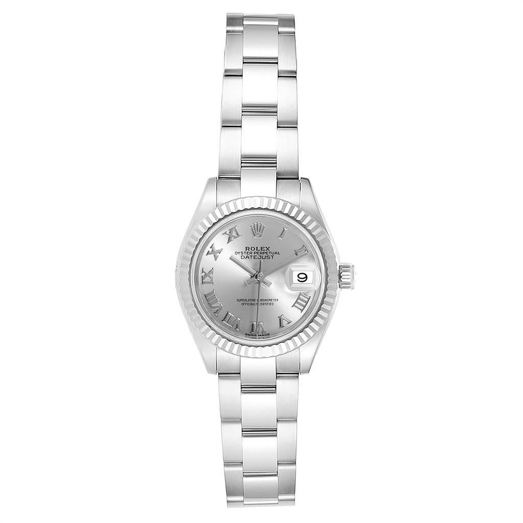 Rolex Datejust 28 Steel White Gold Oyster Bracelet Ladies Watch 279174. Officially certified chronometer self-winding  movement. Stainless steel oyster case 26.0 mm in diameter. Rolex logo on a crown. 18K white gold fluted bezel. Scratch resistant