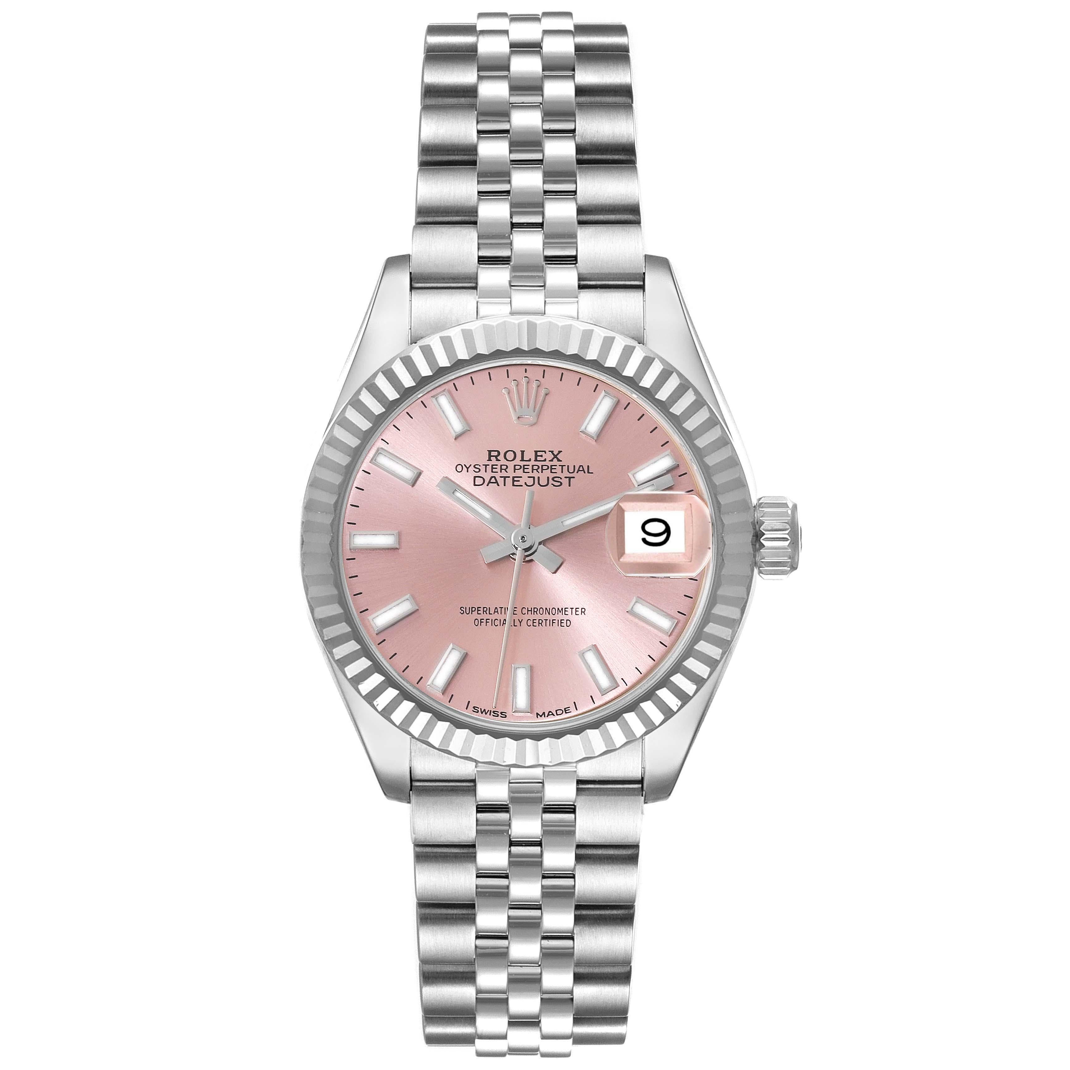 Rolex Datejust 28 Steel White Gold Pink Dial Ladies Watch 279174 Box Card. Officially certified chronometer automatic self-winding  movement. Stainless steel oyster case 28.0 mm in diameter. Rolex logo on the crown. 18K white gold fluted bezel.