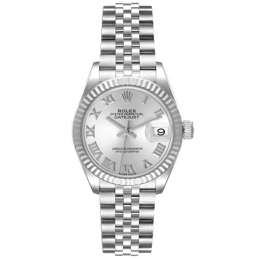 Rolex Datejust 28 Stahl Weißgold Silber Zifferblatt Damenuhr 279174. Offiziell zertifizierter Chronometer mit automatischem Aufzug  Bewegung. Austerngehäuse aus Edelstahl mit einem Durchmesser von 28.0 mm. Rolex Logo auf einer Krone. Geriffelte