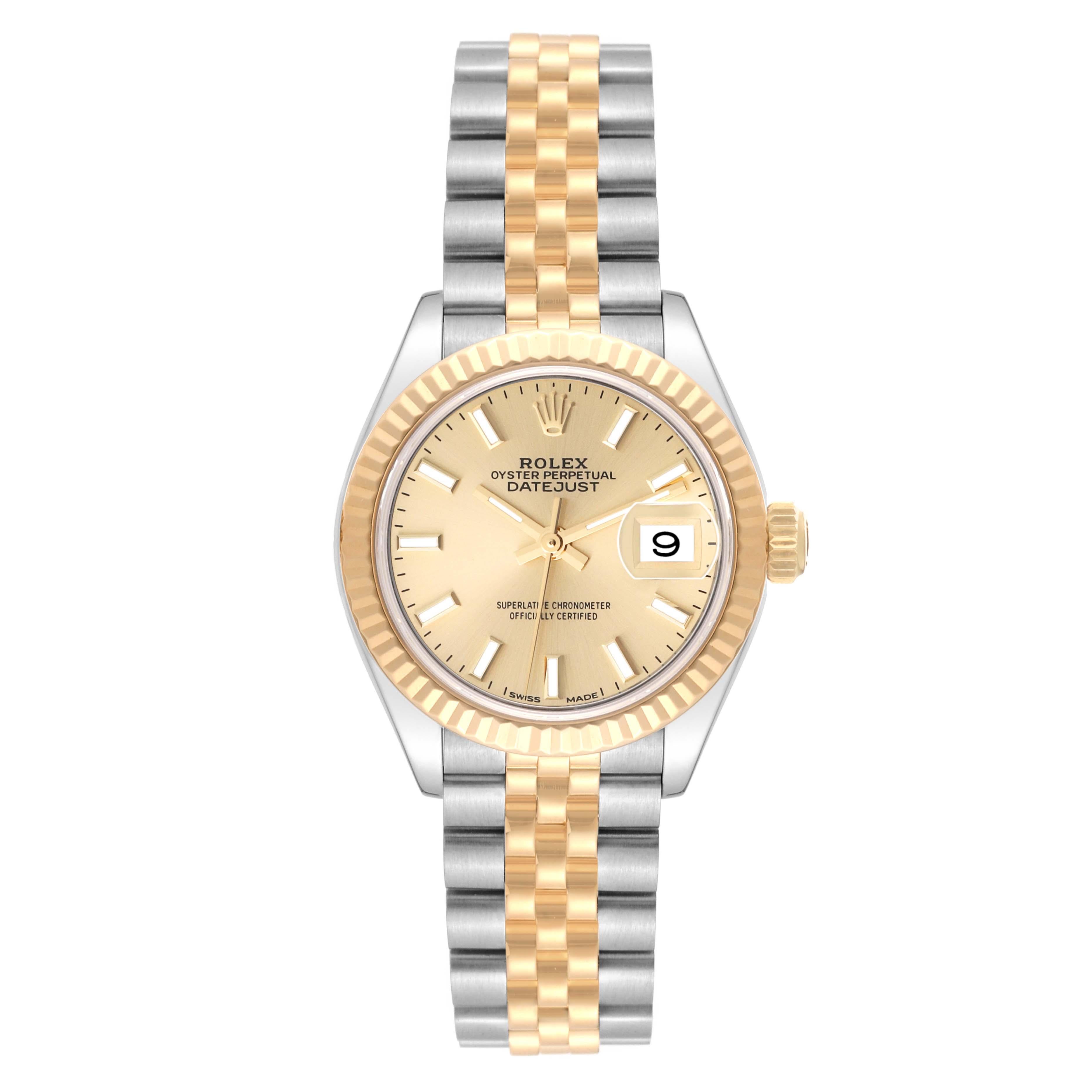Rolex Datejust 28 Steel Yellow Gold Champagne Dial Ladies Watch 279173 Box Card. Officially certified chronometer automatic self-winding movement. Stainless steel oyster case 28.0 mm in diameter. Rolex logo on an 18K yellow gold crown. 18k yellow