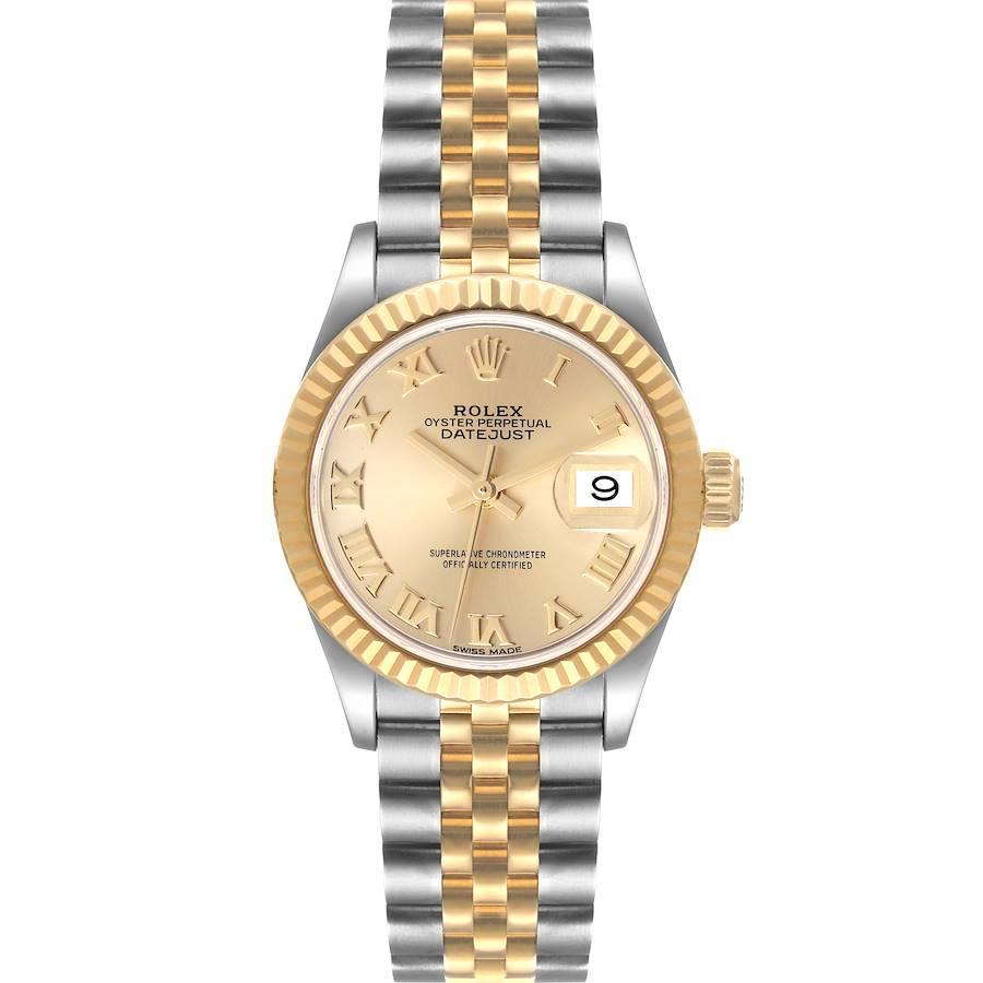 Rolex Datejust 28 Steel Yellow Gold Champagne Dial Ladies Watch 279173. Officially certified chronometer self-winding movement. Stainless steel oyster case 28.0 mm in diameter. Rolex logo on a 18K yellow gold crown. 18k yellow gold fluted bezel.