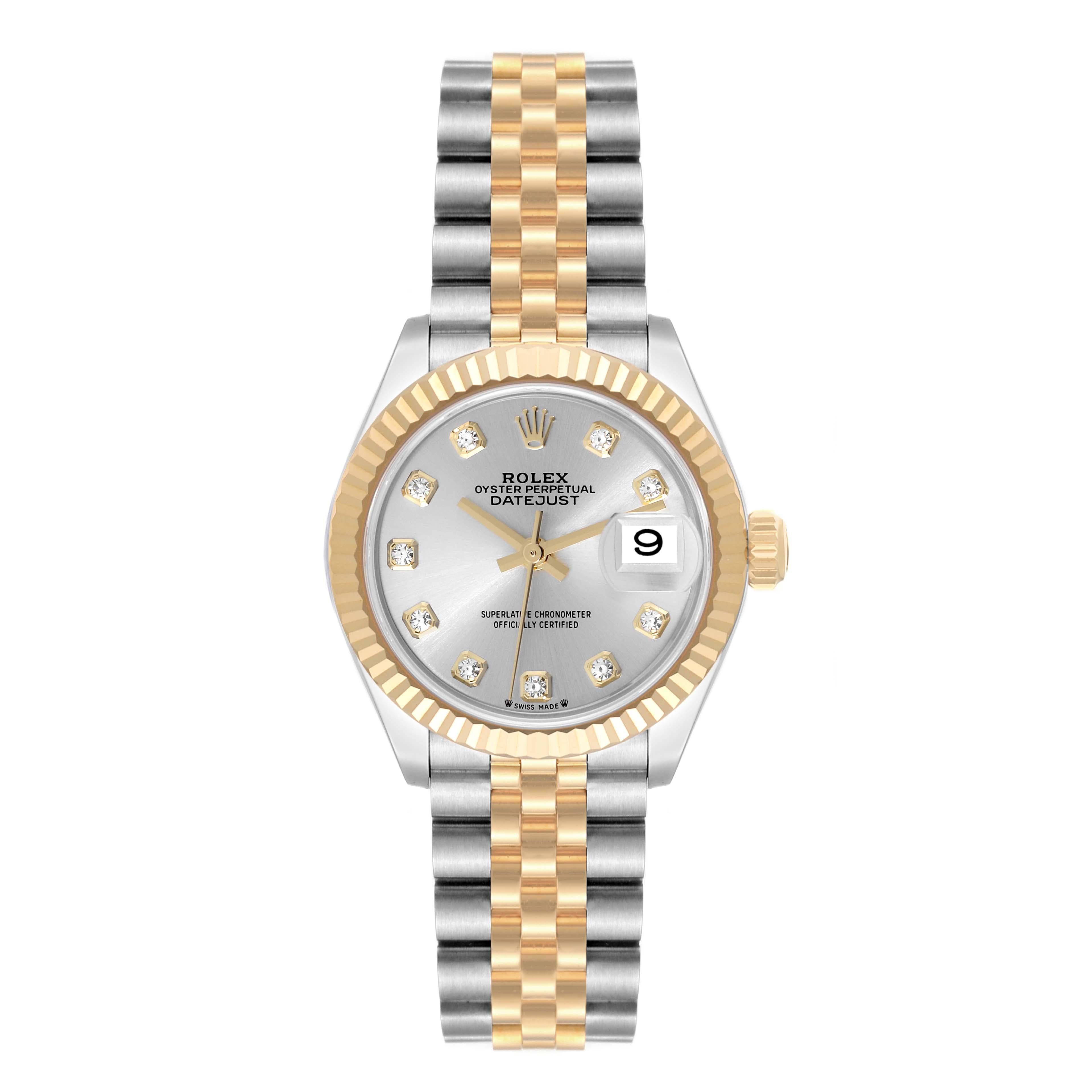 Rolex Datejust 28 Steel Yellow Gold Diamond Ladies Watch 279173 Unworn. Officially certified chronometer self-winding movement. Stainless steel oyster case 28.0 mm in diameter. Rolex logo on a 18K yellow gold crown. 18k yellow gold fluted bezel.