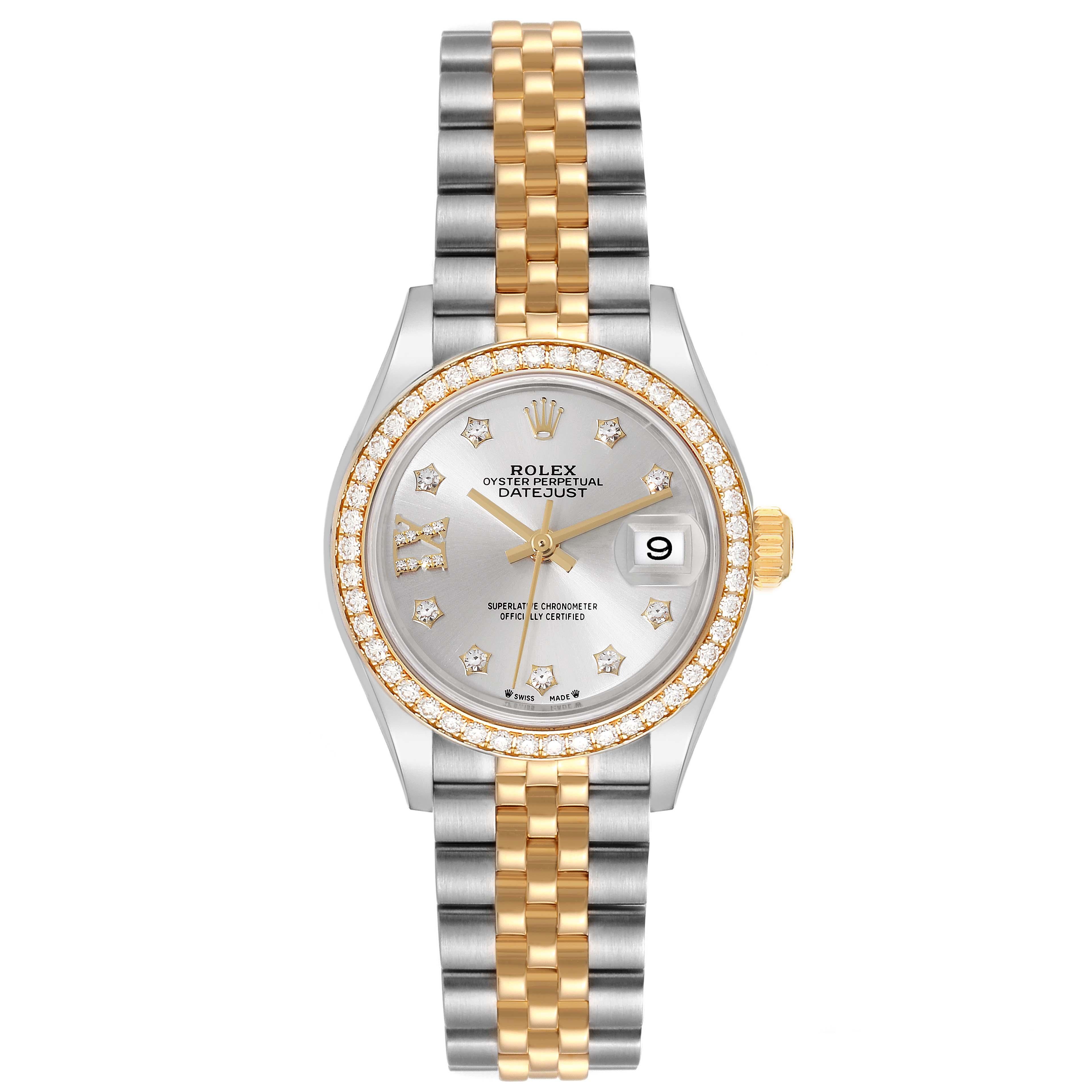 Rolex Datejust 28 Steel Yellow Gold Diamond Ladies Watch 279383 Box Card. Officially certified chronometer self-winding movement. Stainless steel oyster case 28.0 mm in diameter. Rolex logo on an 18K yellow gold crown. 18k yellow gold original Rolex