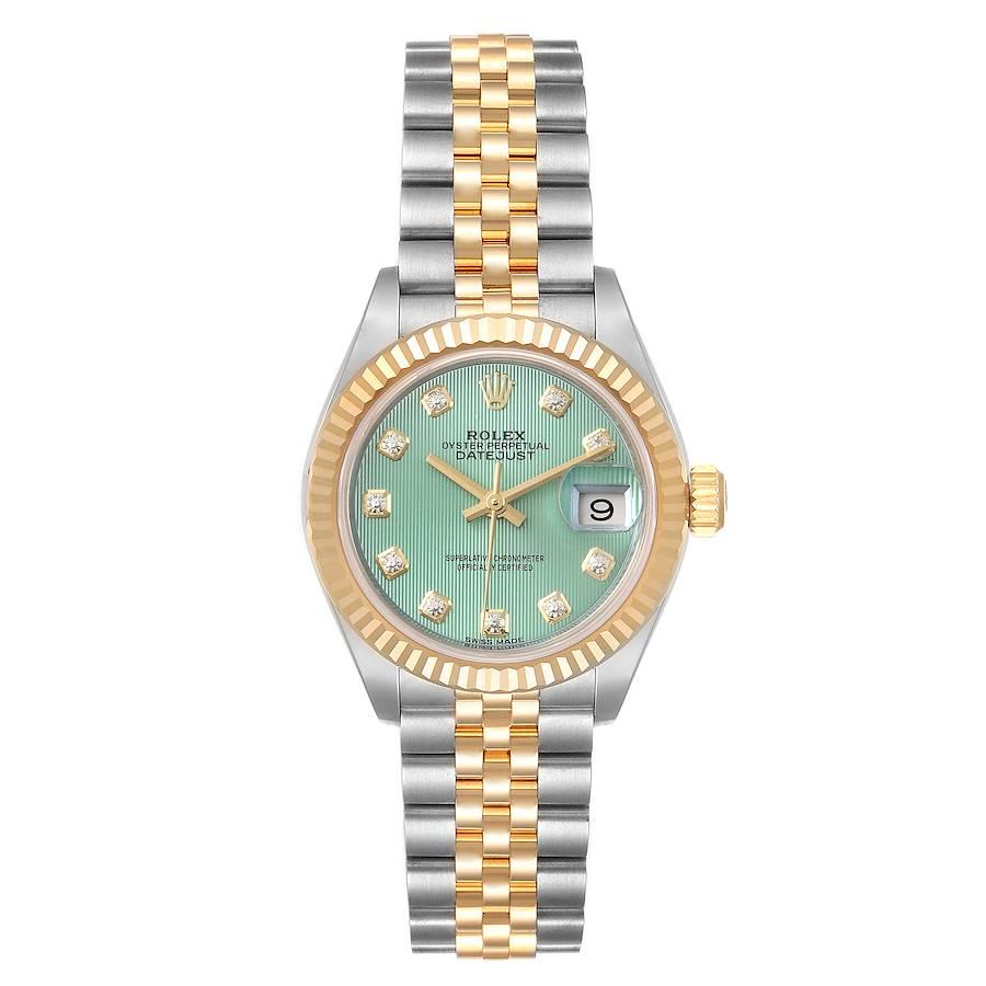 Rolex Datejust 28 Steel Yellow Gold Green Diamond Dial Ladies Watch 279173. Officially certified chronometer self-winding movement. Stainless steel oyster case 28.0 mm in diameter. Rolex logo on a 18K yellow gold crown. 18k yellow gold fluted bezel.