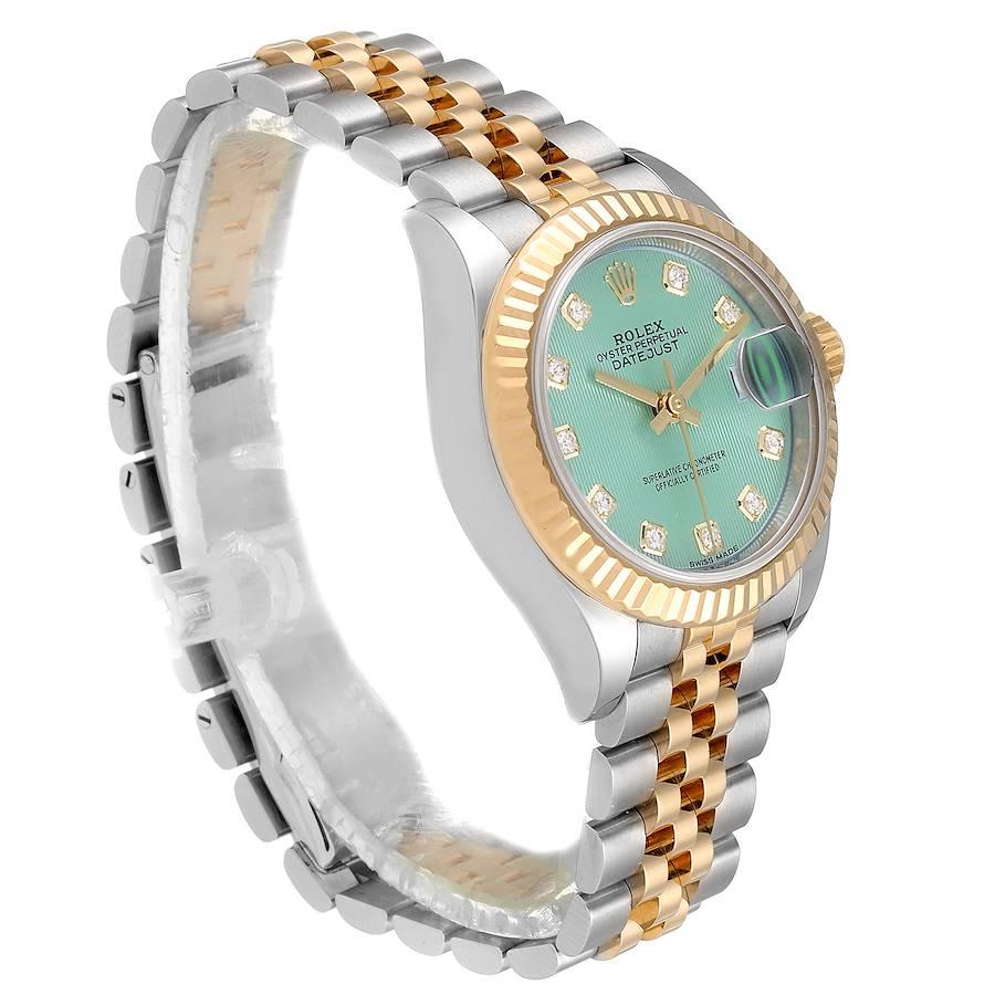 Rolex Datejust 28 Steel Yellow Gold Green Diamond Dial Ladies Watch 279173 In Excellent Condition For Sale In Atlanta, GA