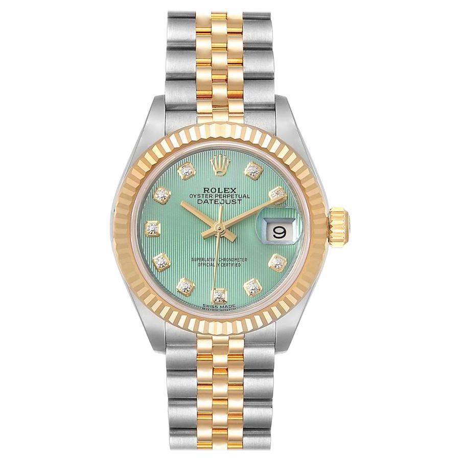 Rolex Datejust 28 Steel Yellow Gold Green Diamond Dial Ladies Watch 279173 For Sale
