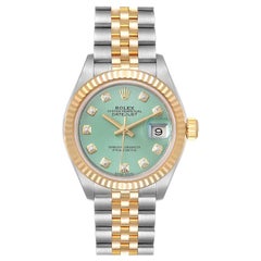Rolex Datejust 28 Steel Yellow Gold Green Diamond Dial Ladies Watch 279173