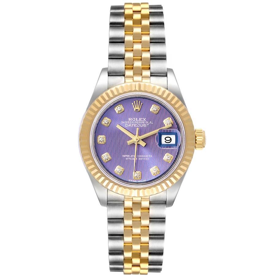 Rolex Datejust 28 Steel Yellow Gold Lavender Diamond Dial Ladies Watch 279173. Officially certified chronometer self-winding movement. Stainless steel oyster case 28.0 mm in diameter. Rolex logo on a 18K yellow gold crown. 18k yellow gold fluted