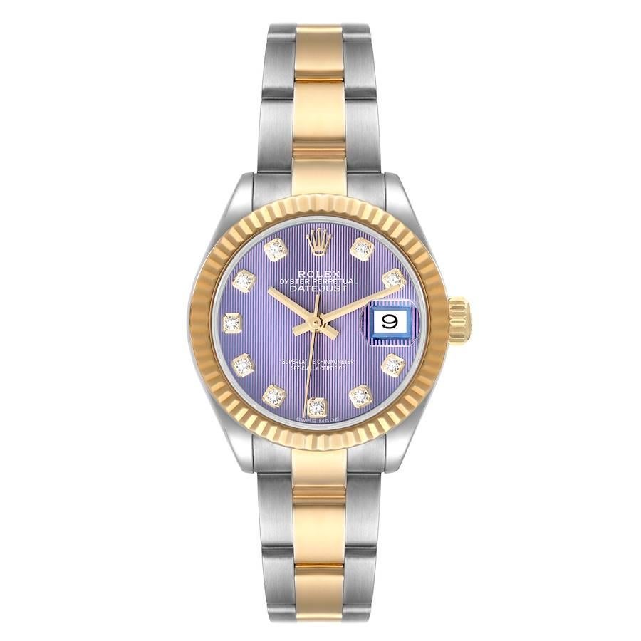 Rolex Datejust 28 Steel Yellow Gold Lavender Diamond Ladies Watch 279173. Officially certified chronometer self-winding movement. Stainless steel oyster case 28.0 mm in diameter. Rolex logo on a 18K yellow gold crown. 18k yellow gold fluted bezel.
