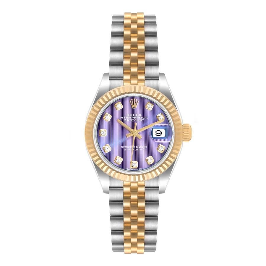 Rolex Datejust 28 Steel Yellow Gold Lavender Diamond Ladies Watch 279173 Unworn. Officially certified chronometer self-winding movement. Stainless steel oyster case 28.0 mm in diameter. Rolex logo on a 18K yellow gold crown. 18k yellow gold fluted