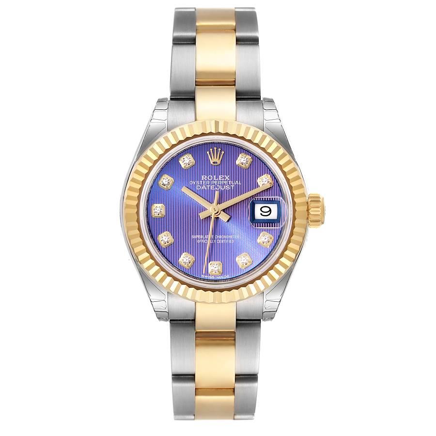 Rolex Datejust 28 Steel Yellow Gold Lilac Diamond Ladies Watch 279173 Unworn. Officially certified chronometer self-winding movement. Stainless steel oyster case 28.0 mm in diameter. Rolex logo on a 18K yellow gold crown. 18k yellow gold fluted
