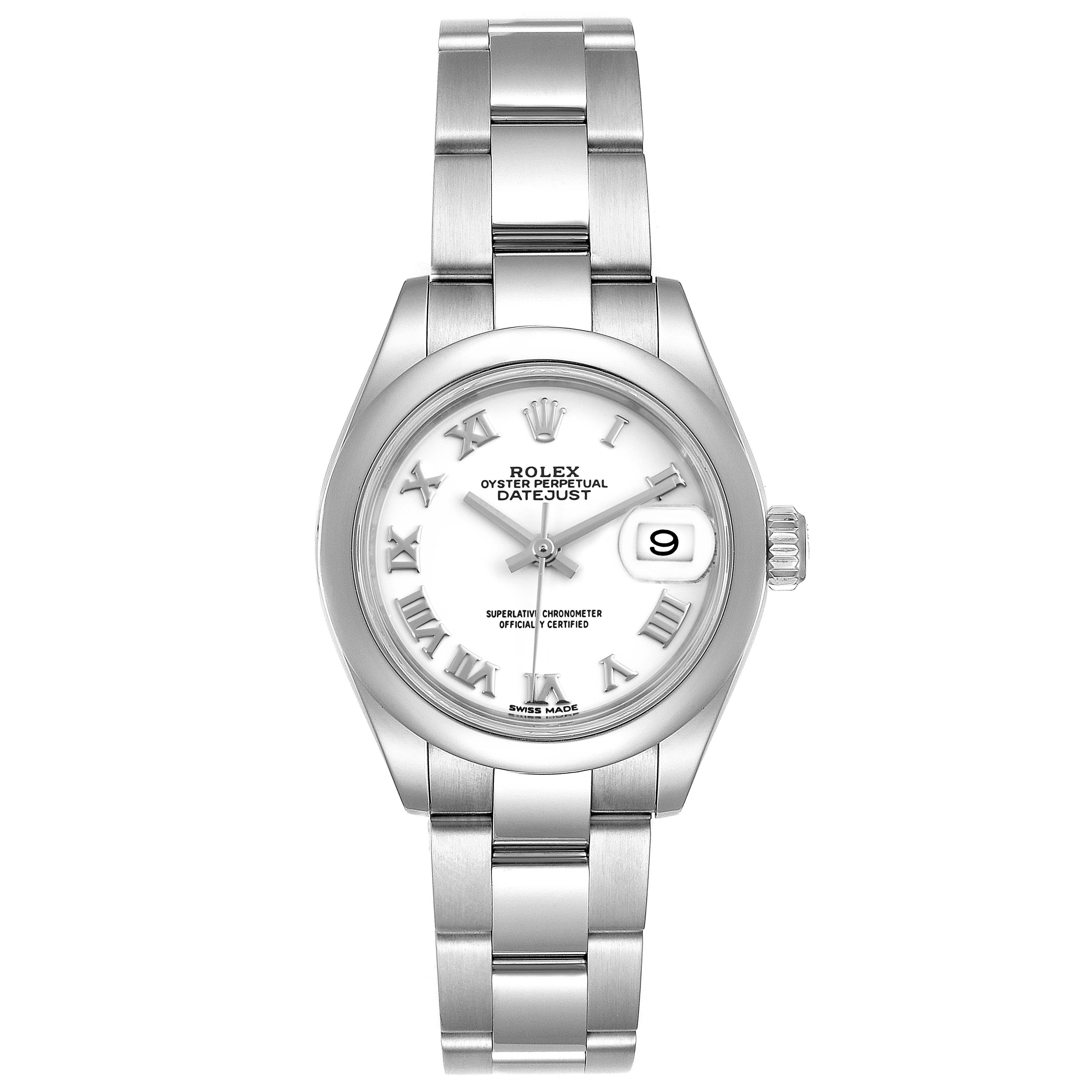 Rolex Datejust 28 White Dial Steel Ladies Watch 279160 Box Card. Officially certified chronometer self-winding movement. Stainless steel oyster case 28 mm in diameter. Rolex logo on a crown. Stainless steel smooth bezel. Scratch resistant sapphire