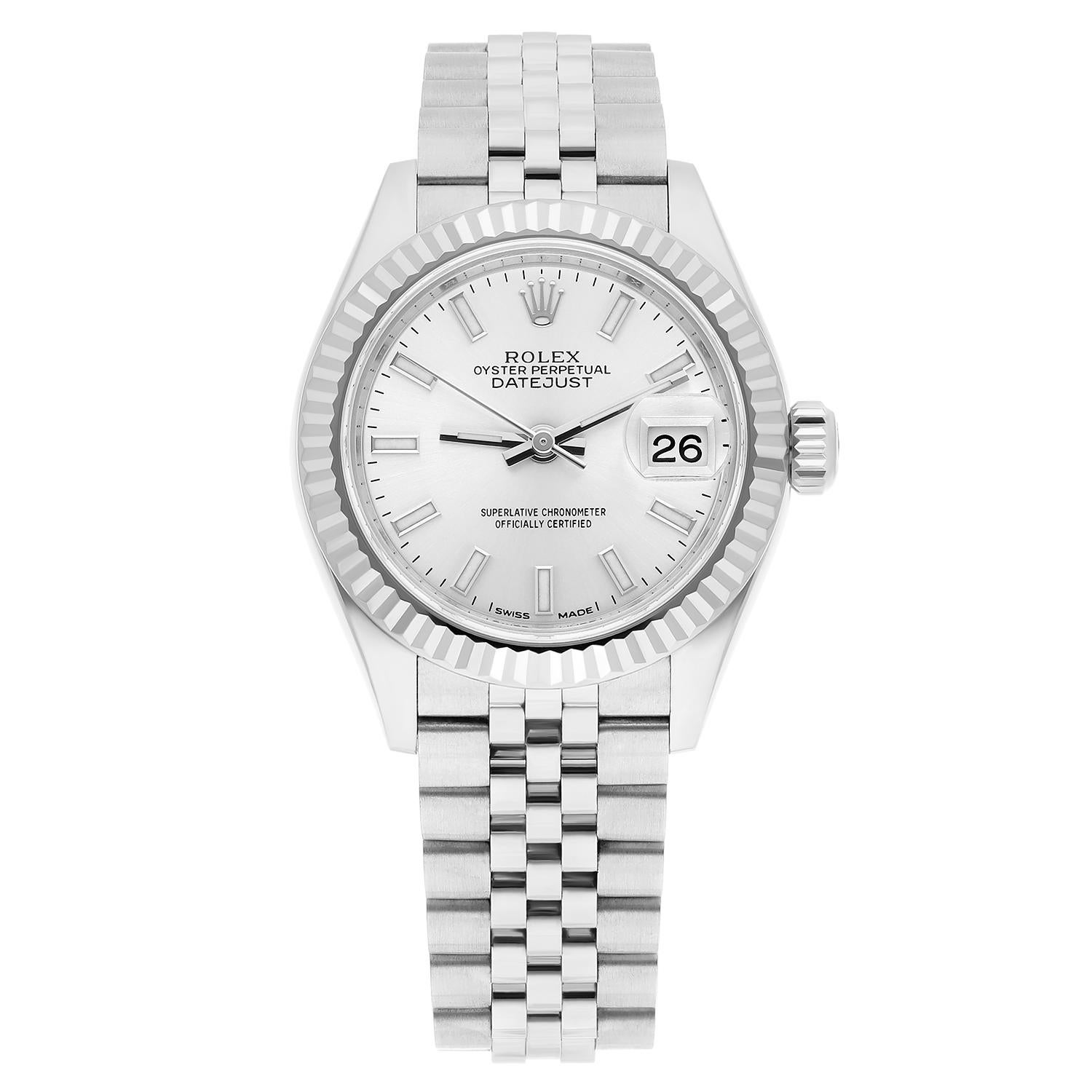 Indulge in the epitome of luxury with the Rolex 279174. Its silver index dial reflects timeless sophistication, harmonizing flawlessly with the jubilee band. In mint condition, this watch isn't just an accessory—it's a statement of enduring elegance